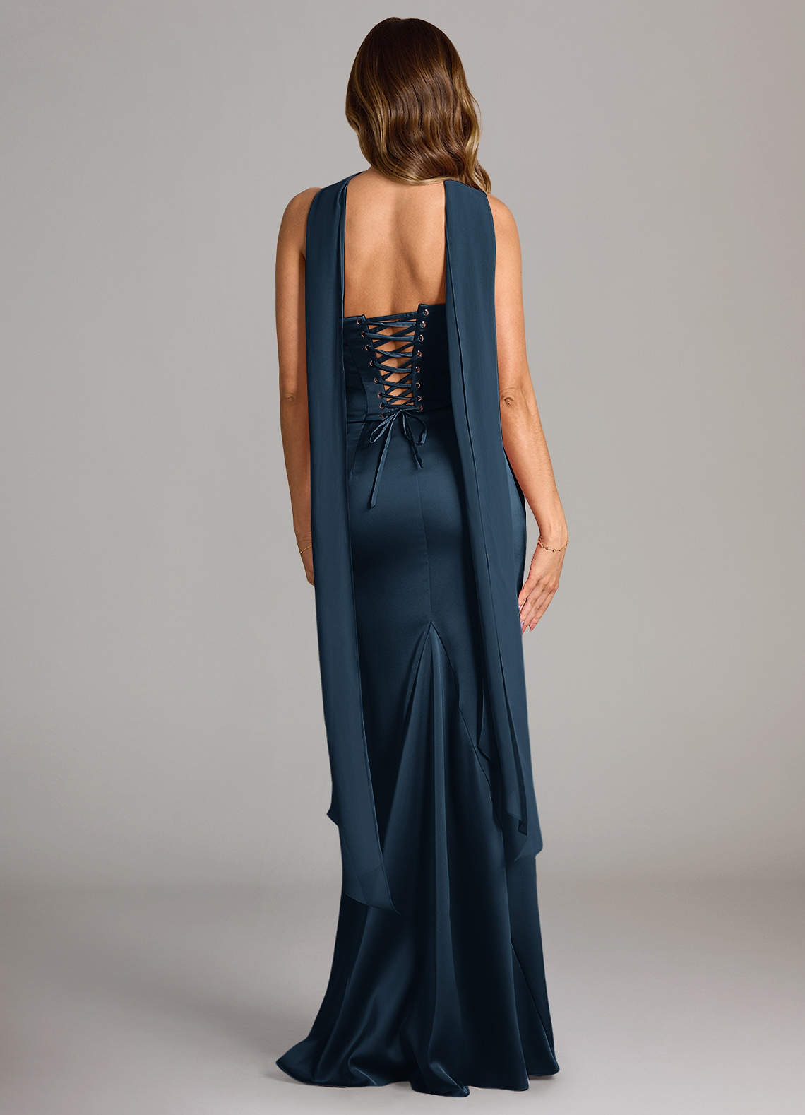 Sorrel Mermaid Cowl-Neck Stretch Satin and Chiffon Bridesmaid Dress in Dark Navy
