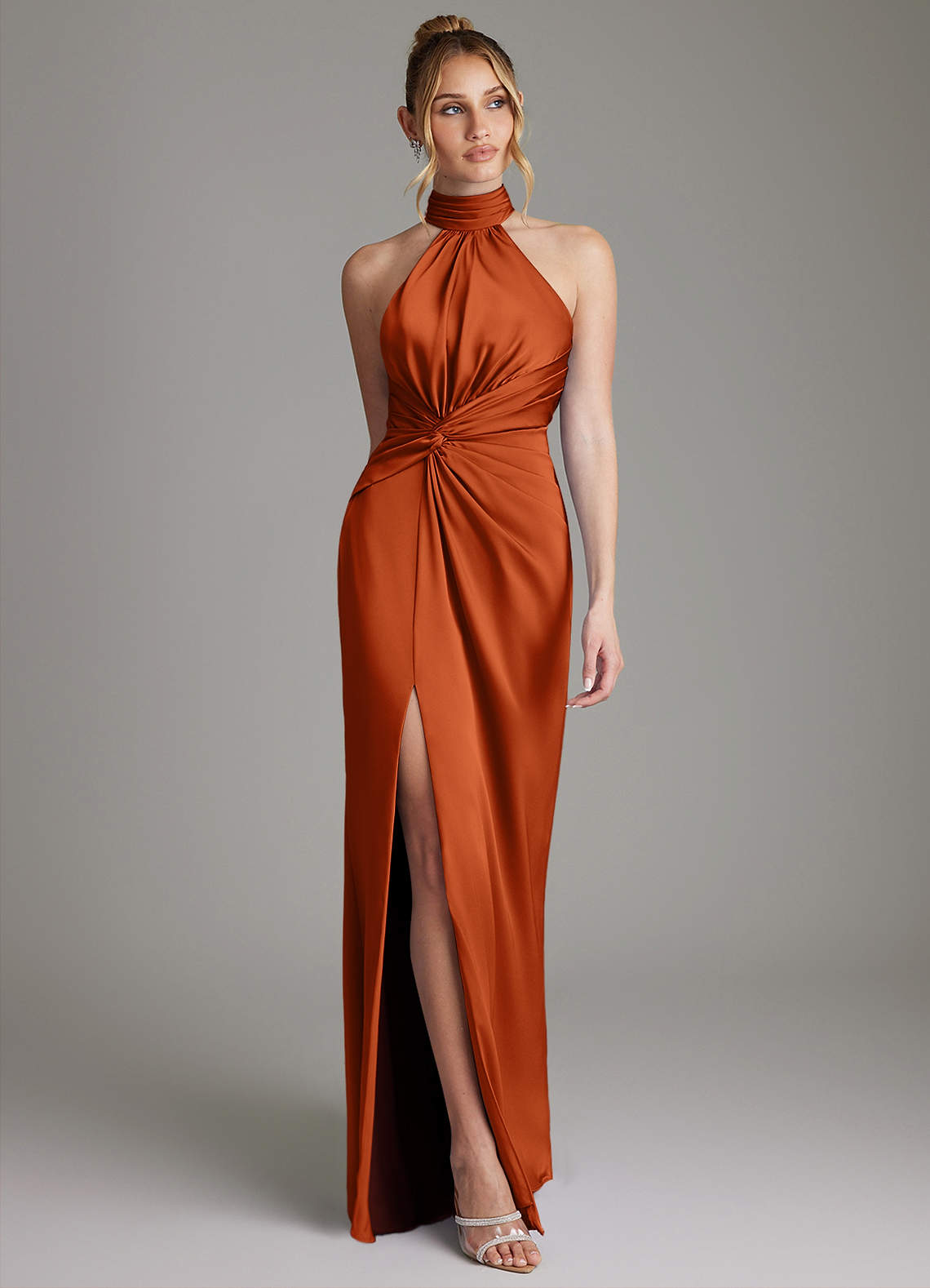 Gracelynn Sheath Halter Stretch Satin Bridesmaid Dress in Burnt Orange