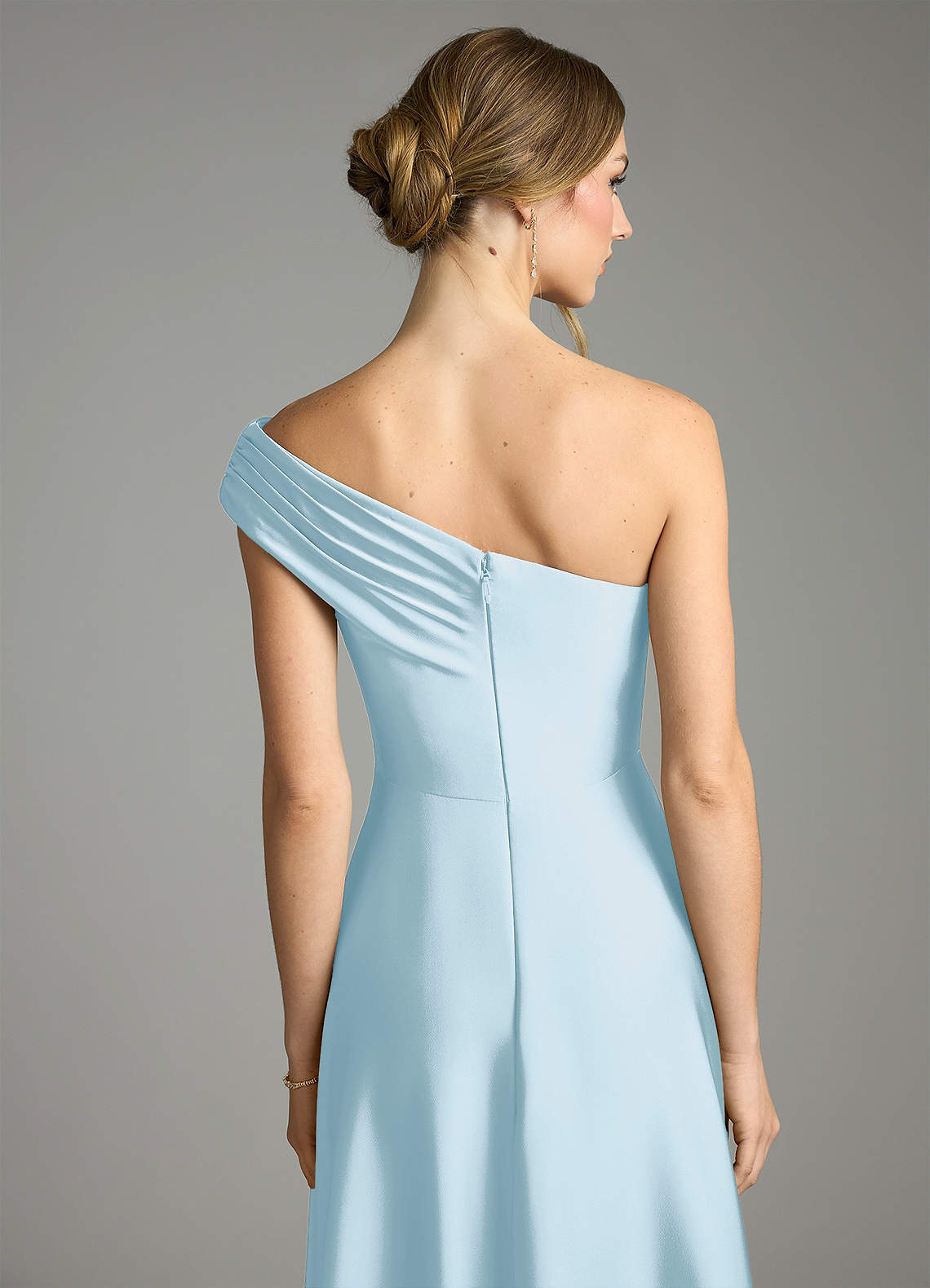 Melanie A-Line One-Shoulder Stretch Satin Bridesmaid Dress in Sky Blue
