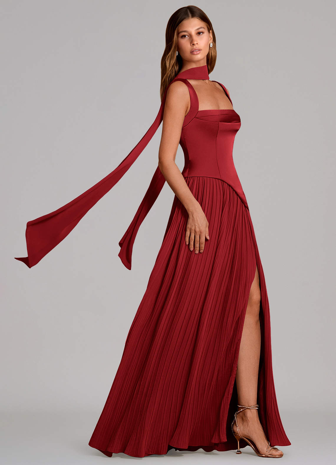 Stephanie A-Line Square-Neck Stretch Satin and Chiffon Bridesmaid Dress in Scarlet