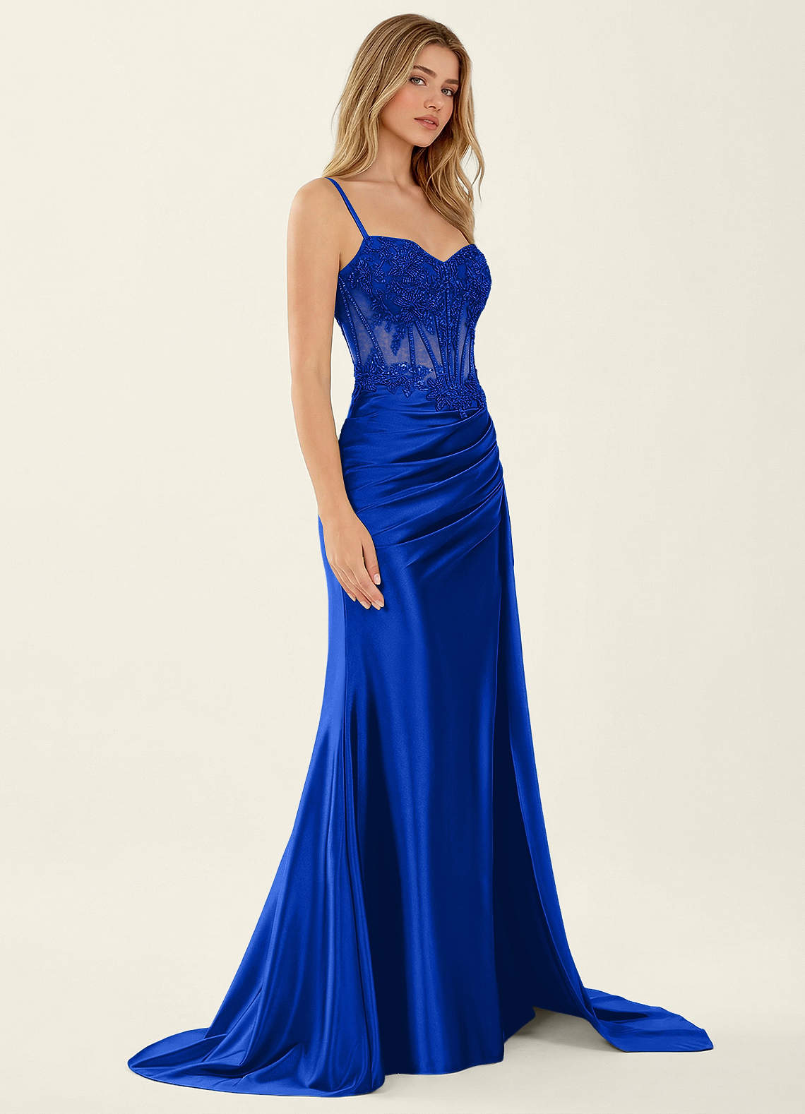 Celestianora Mermaid Beaded Stretch Satin Evening Dress in Royal Blue