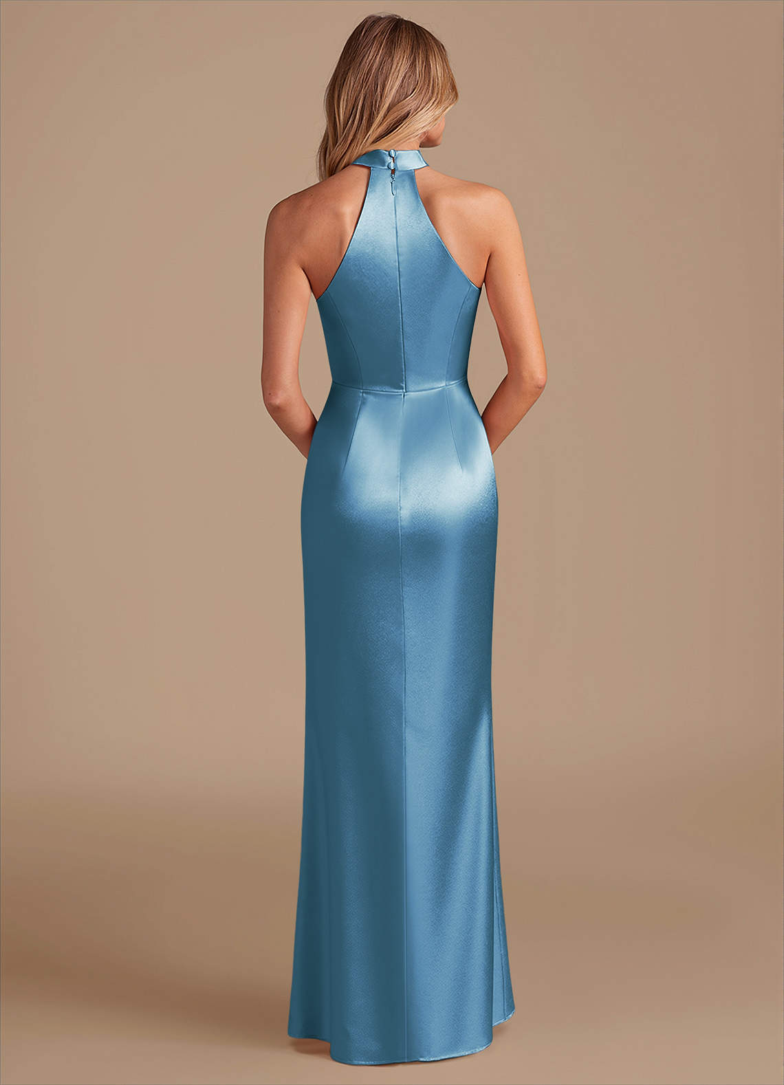 Karlotta Sheath Halter-Neck Metallic Satin Bridesmaid Dress in Steel Blue