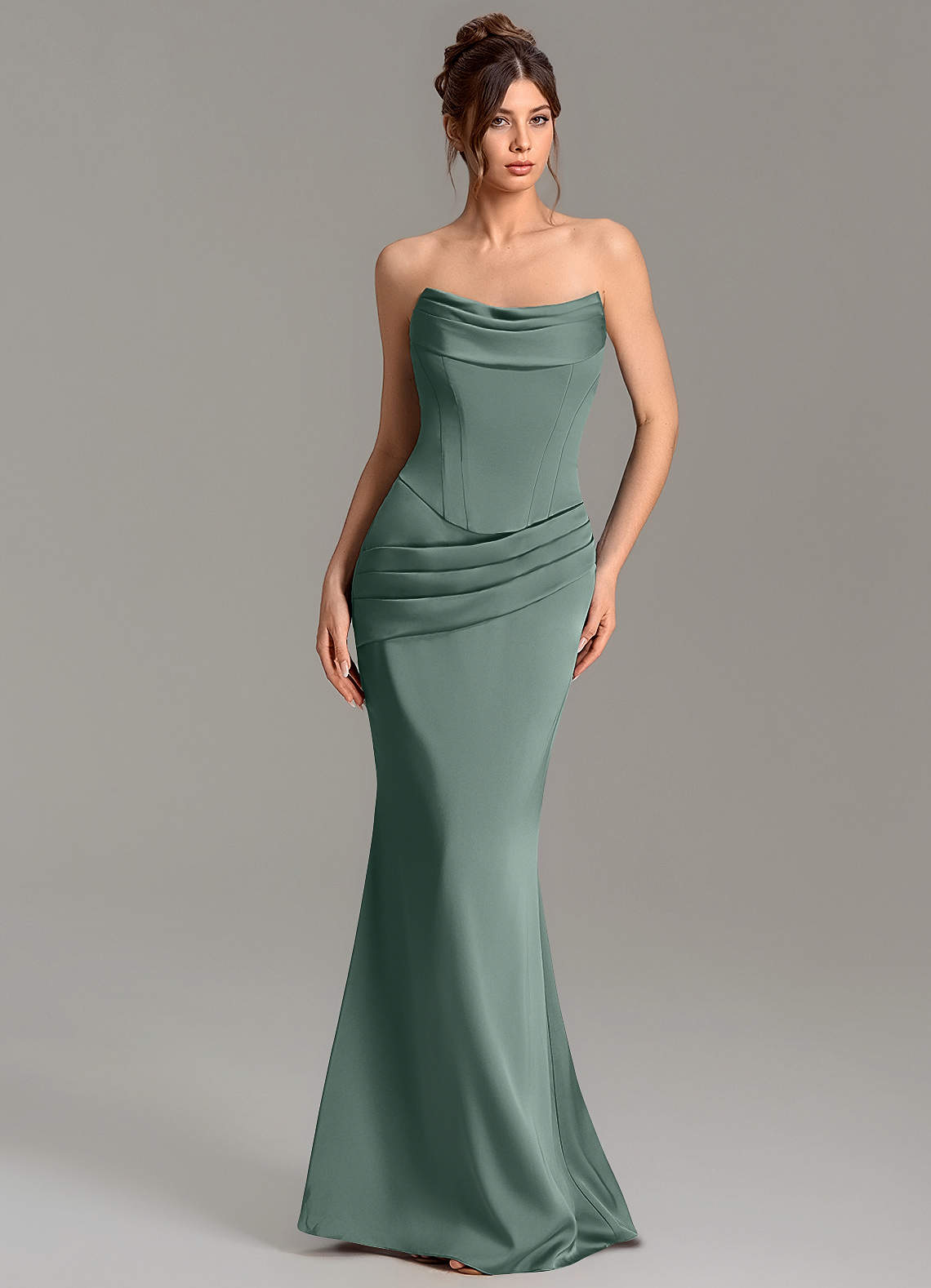 Adrienne Mermaid Cowl-Neck Stretch Satin Bridesmaid Dress in Sea Moss