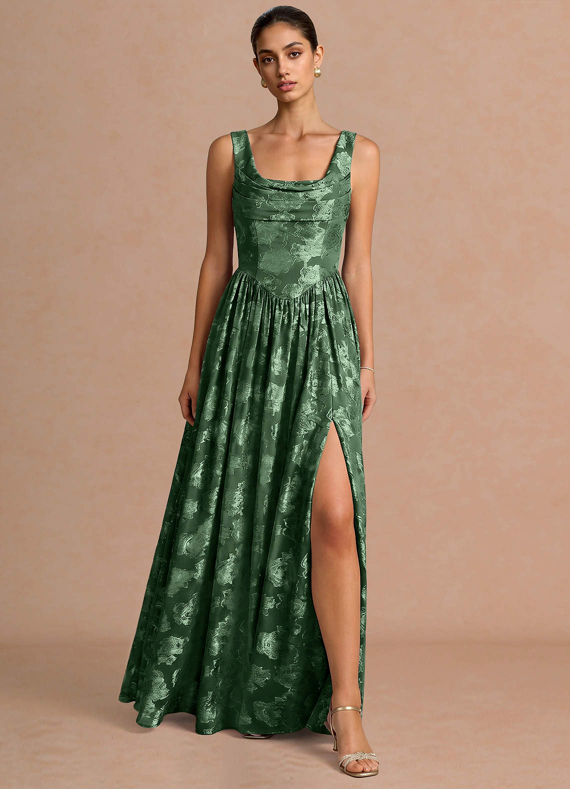 Novi A-Line Draped-Neck Floral Fil Coupé Evening Dress in Lemon Sorbet