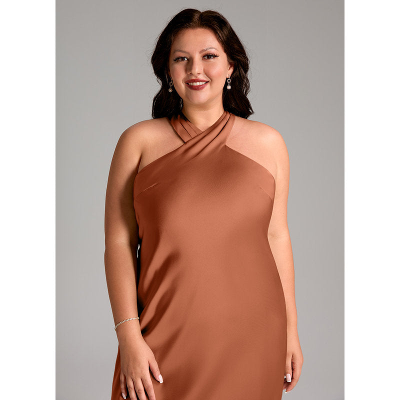 Doretta Mermaid Halter Stretch Satin Bridesmaid Dress in Cedar Rose - view 12