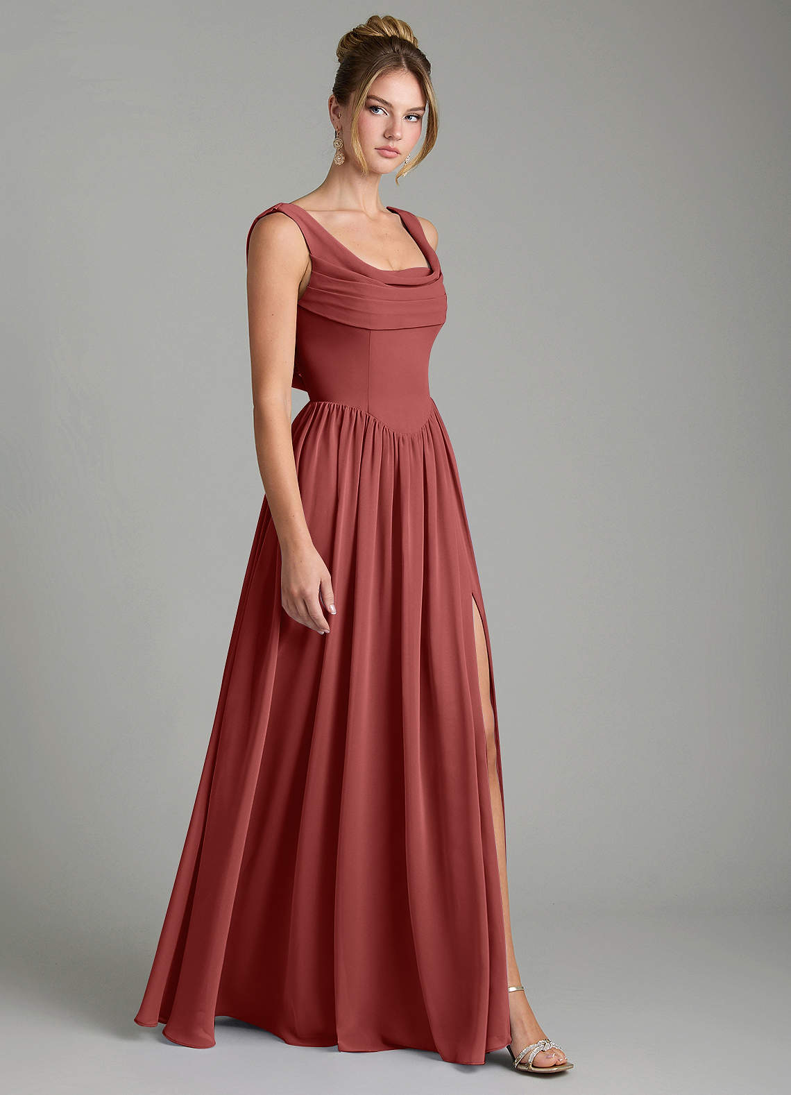 Novi A-Line Square-Neck Chiffon Bridesmaid Dress in Terracotta