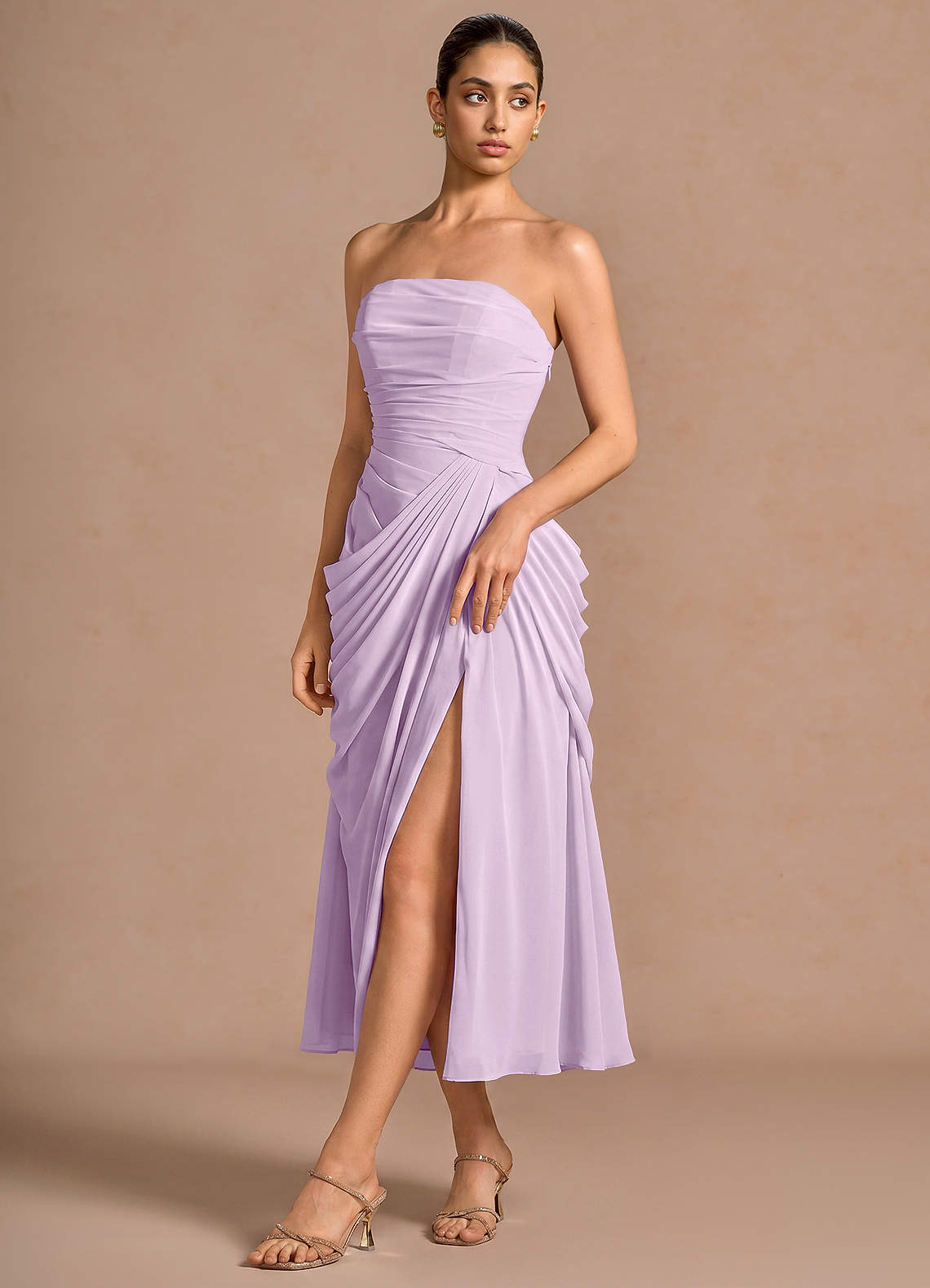 Kaavia Column Pleated Chiffon Midi Evening Dress in Frosted Lilac