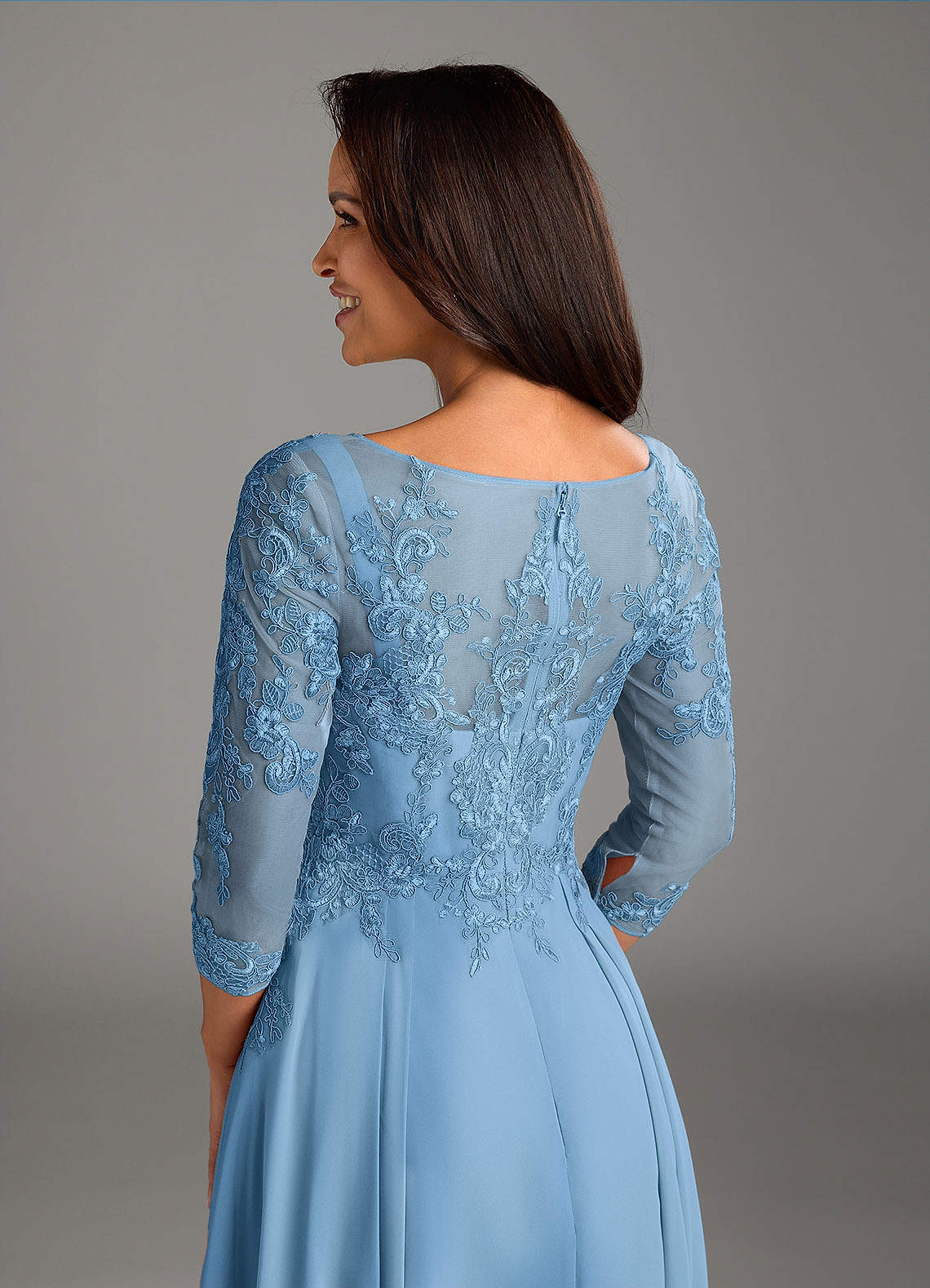Marge A-Line Scoop-Neck Chiffon and Lace Mother of the Bride Dress in Steel Blue