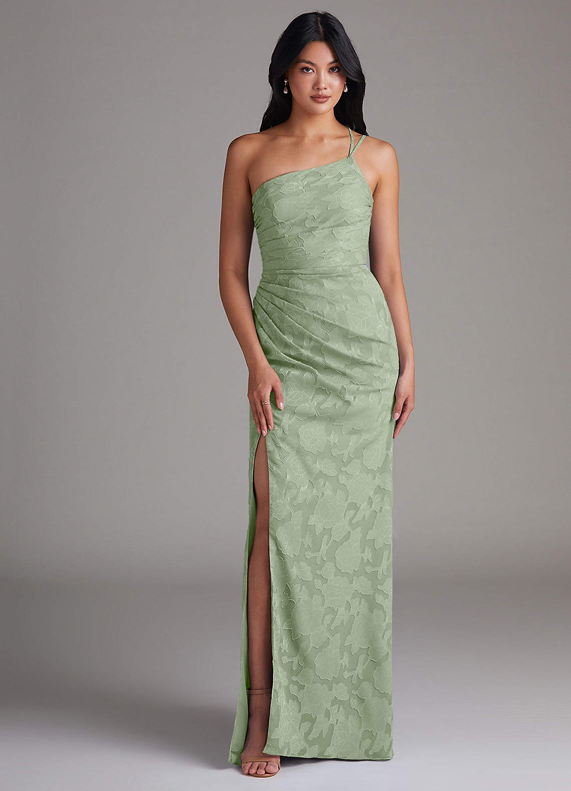 Eren Sheath One-Shoulder Floral Burnout Bridesmaid Dress in Dusty Sage