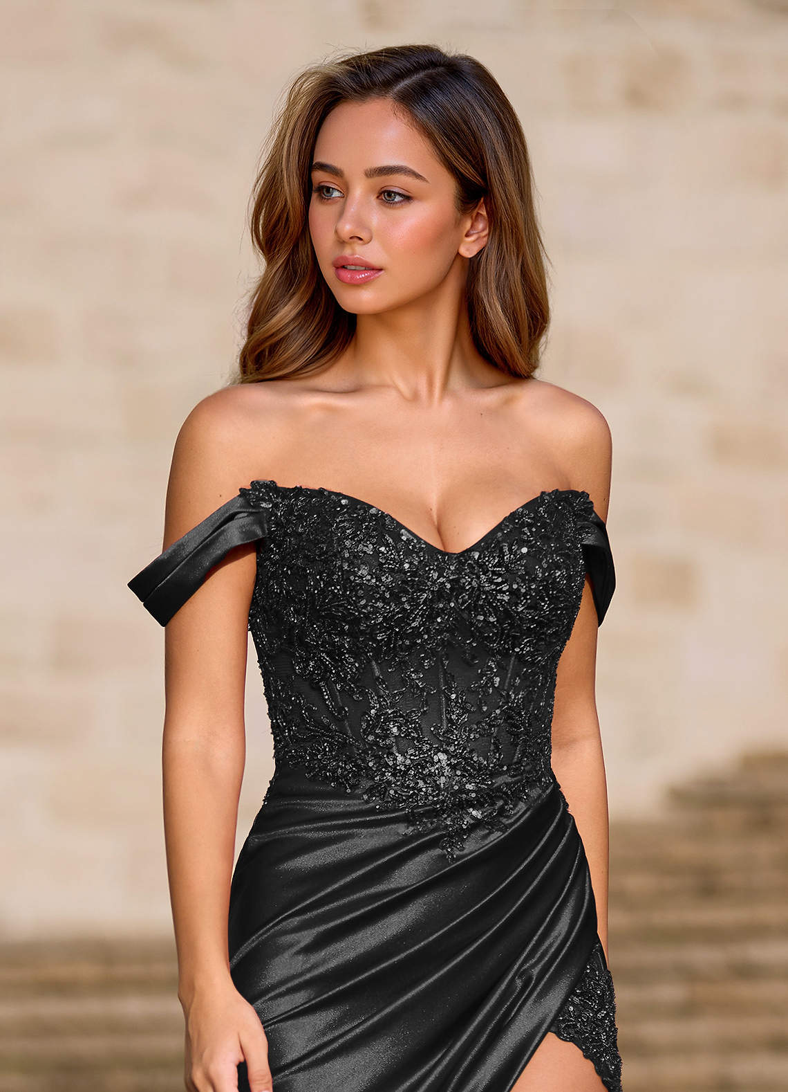 Opulence Mermaid Off-the-Shoulder Satin Evening Dress in black