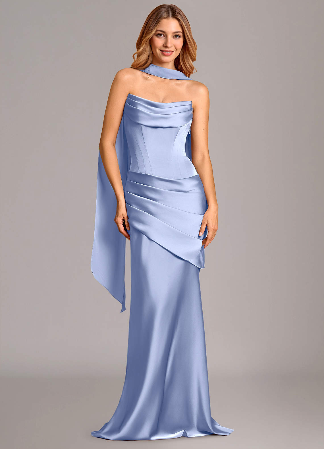Pelagia Mermaid Cowl-Neck Stretch Satin Bridesmaid Dress in Ice