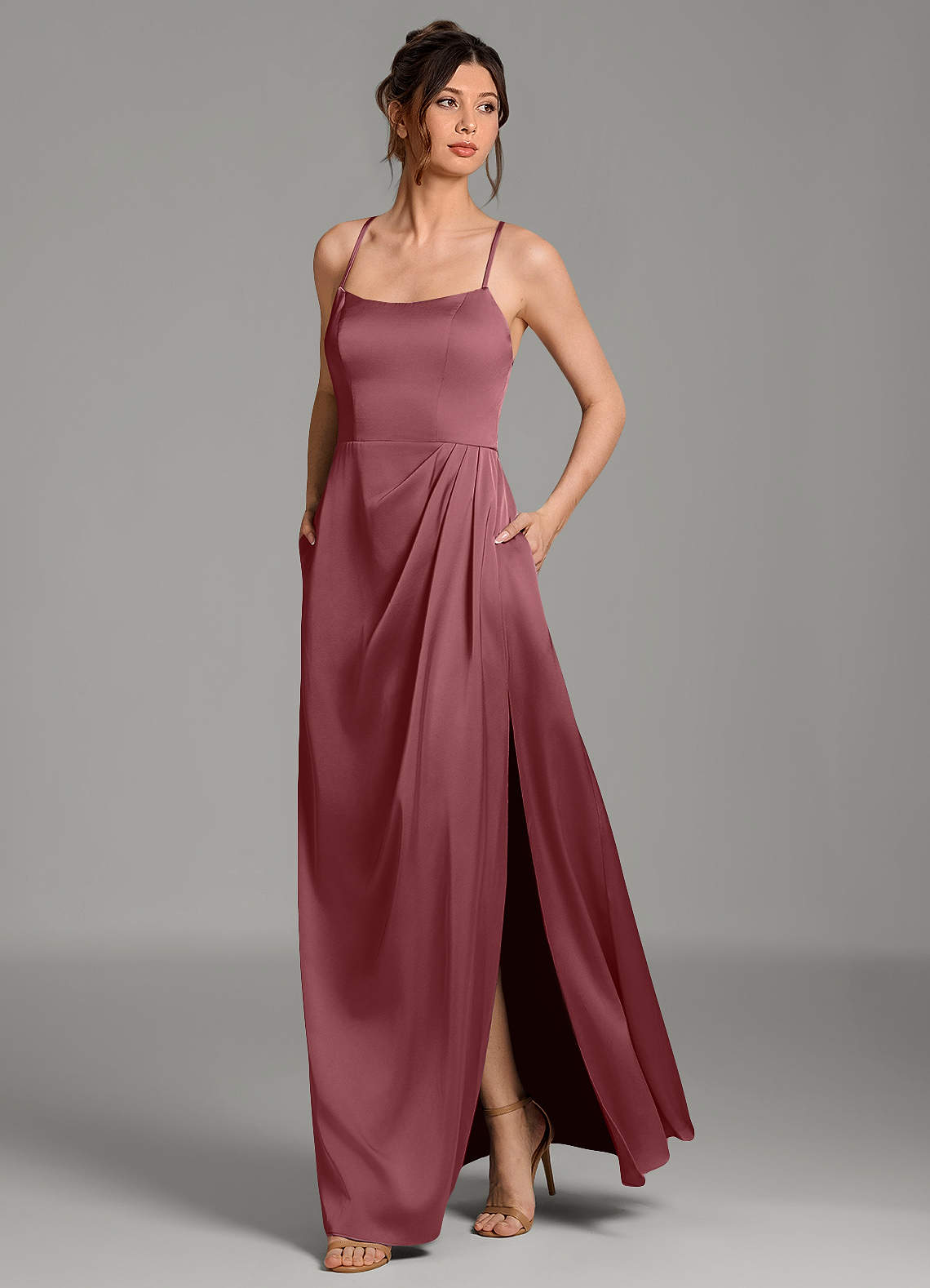 Frankie A-Line Scoop-Neck Stretch Satin Bridesmaid Dress in Desert Rose