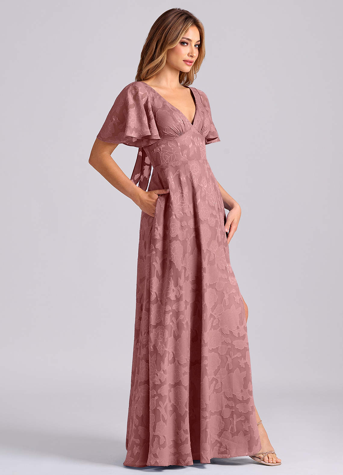 Kimber A-Line V-Neck Floral Burnout Bridesmaid Dress in dusty rose