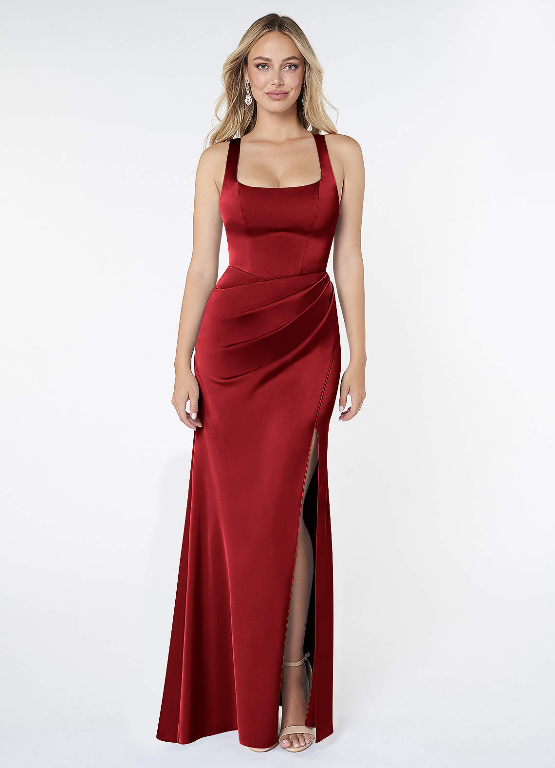 Mero Mermaid Square-Neck Stretch Satin Bridesmaid Dress in Scarlet