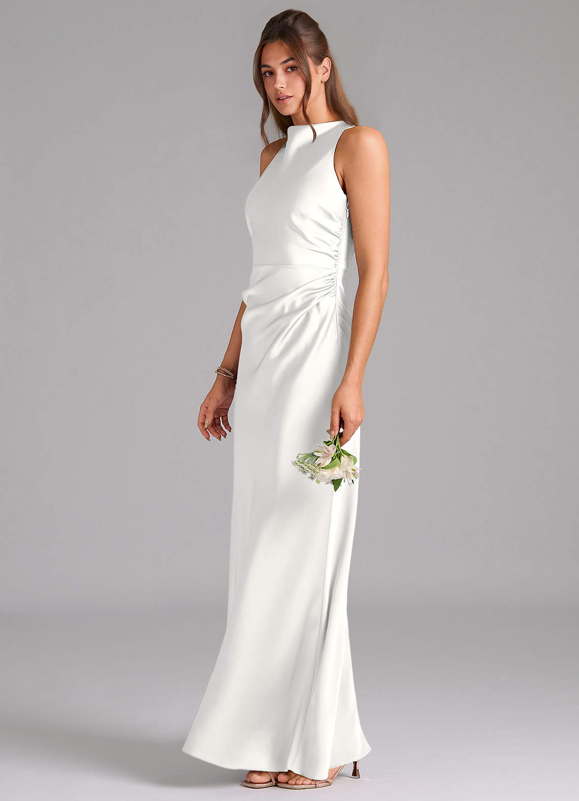 Evadne Sheath Scoop-Neck Stretch Satin Bridesmaid Dress in white