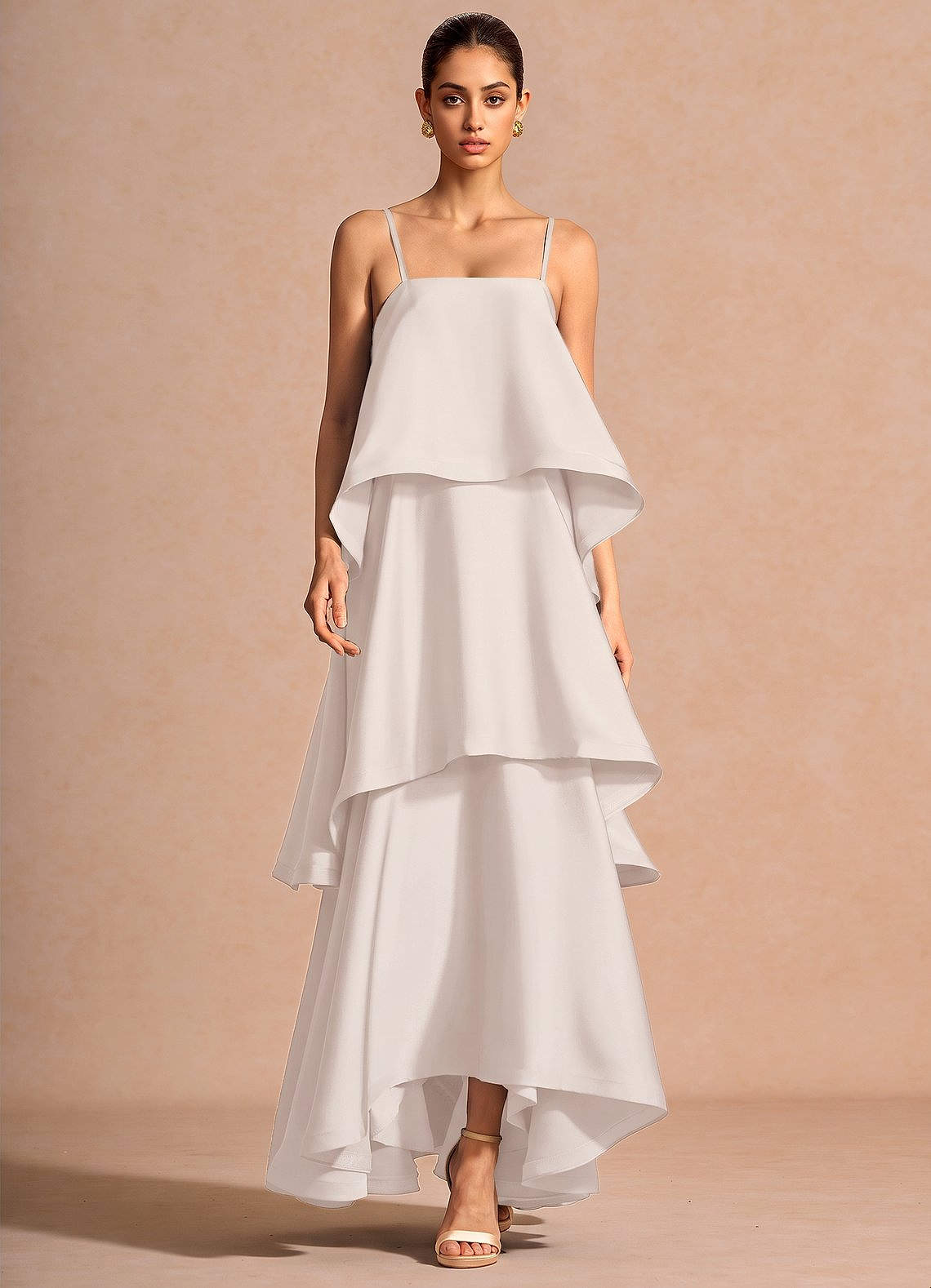 Itasca A-Line Tiered Stretch Satin Wedding Guest Dress in Cream