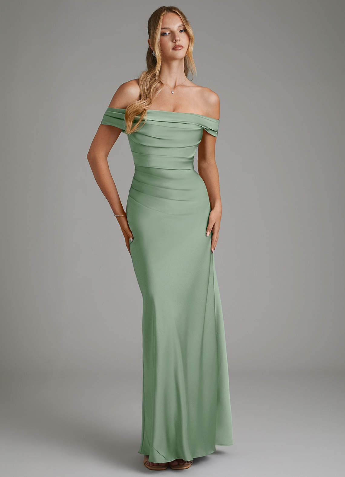 Hayden Mermaid Off-the-Shoulder Stretch Satin Bridesmaid Dress in Matcha
