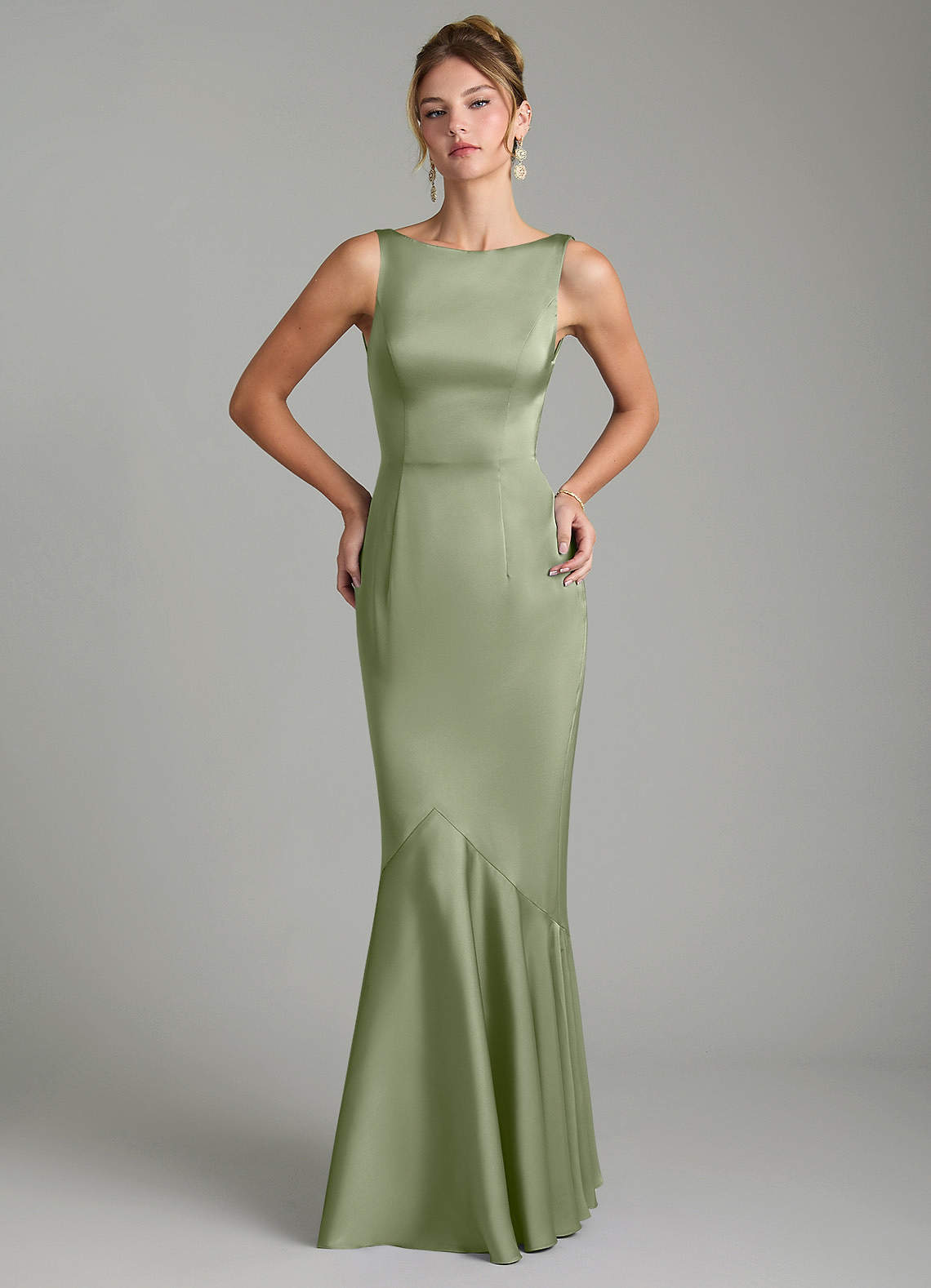 Tamera Mermaid Boat-Neck Stretch Satin and Chiffon Bridesmaid Dress in Pistachio