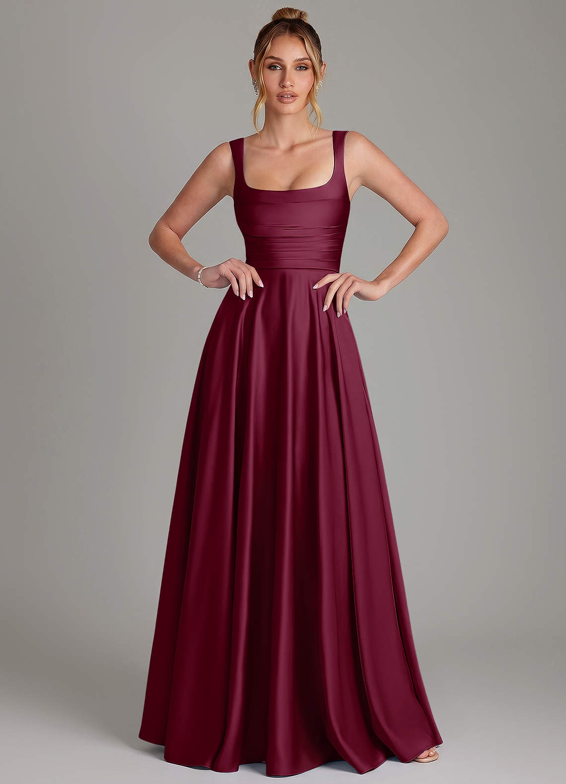 Azaria A-Line Square-Neck Stretch Satin Bridesmaid Dress in Mulberry