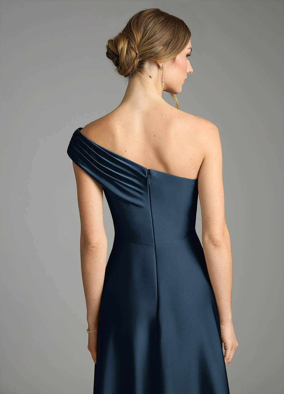 Melanie A-Line One-Shoulder Stretch Satin Bridesmaid Dress in Dark Navy