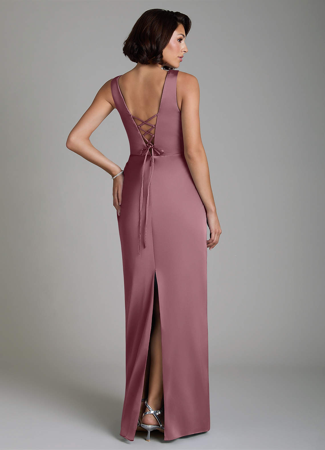 Vanya Sheath V-Neck Stretch Satin Bridesmaid Dress in Amethyst