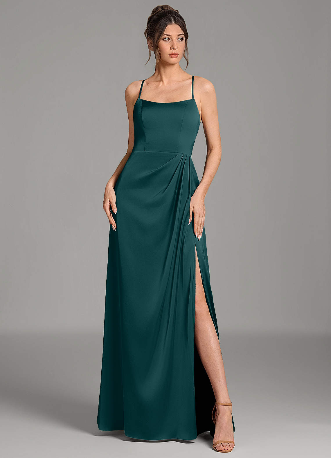 Frankie A-Line Scoop-Neck Stretch Satin Bridesmaid Dress in Pine