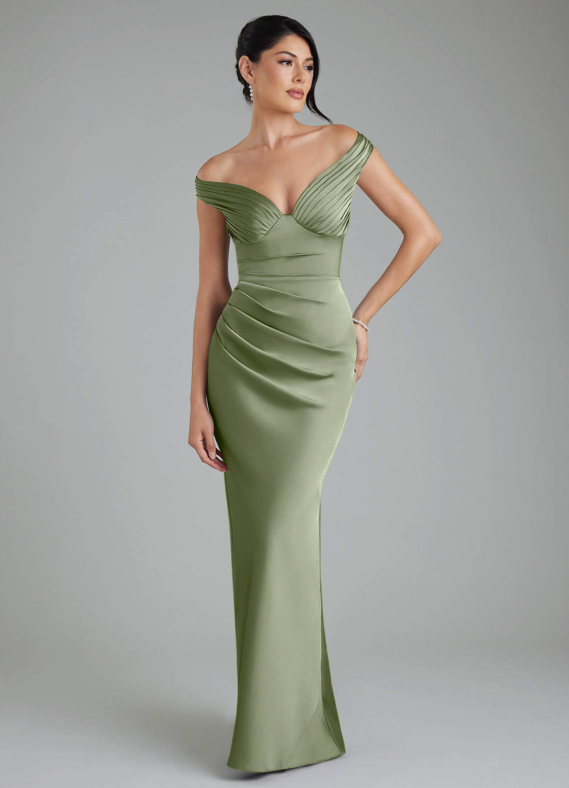Stella Sheath V-Neck Stretch Satin Bridesmaid Dress in Pistachio