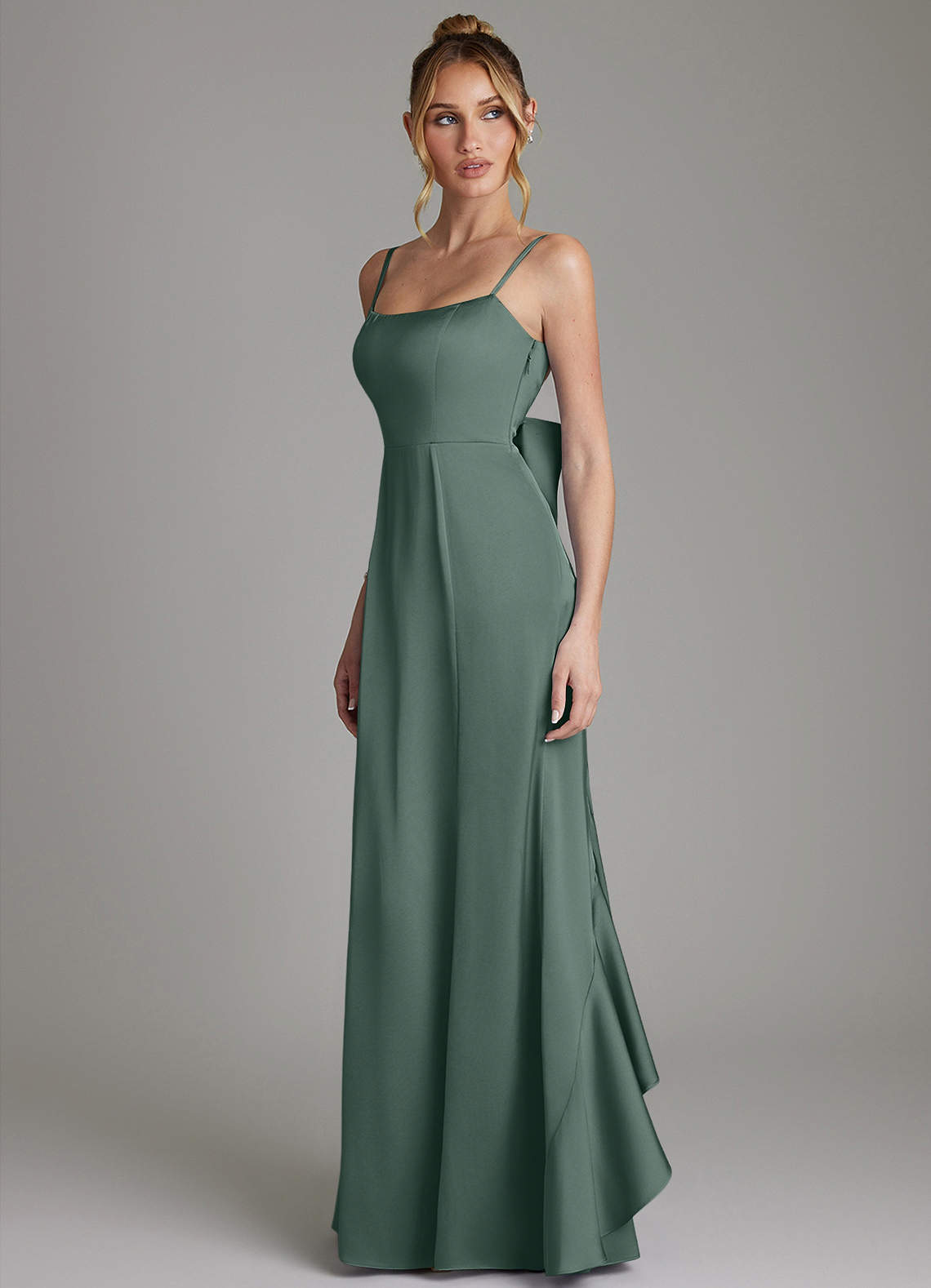 Zherra Mermaid Scoop-Neck Stretch Satin Bridesmaid Dress in Sea Moss