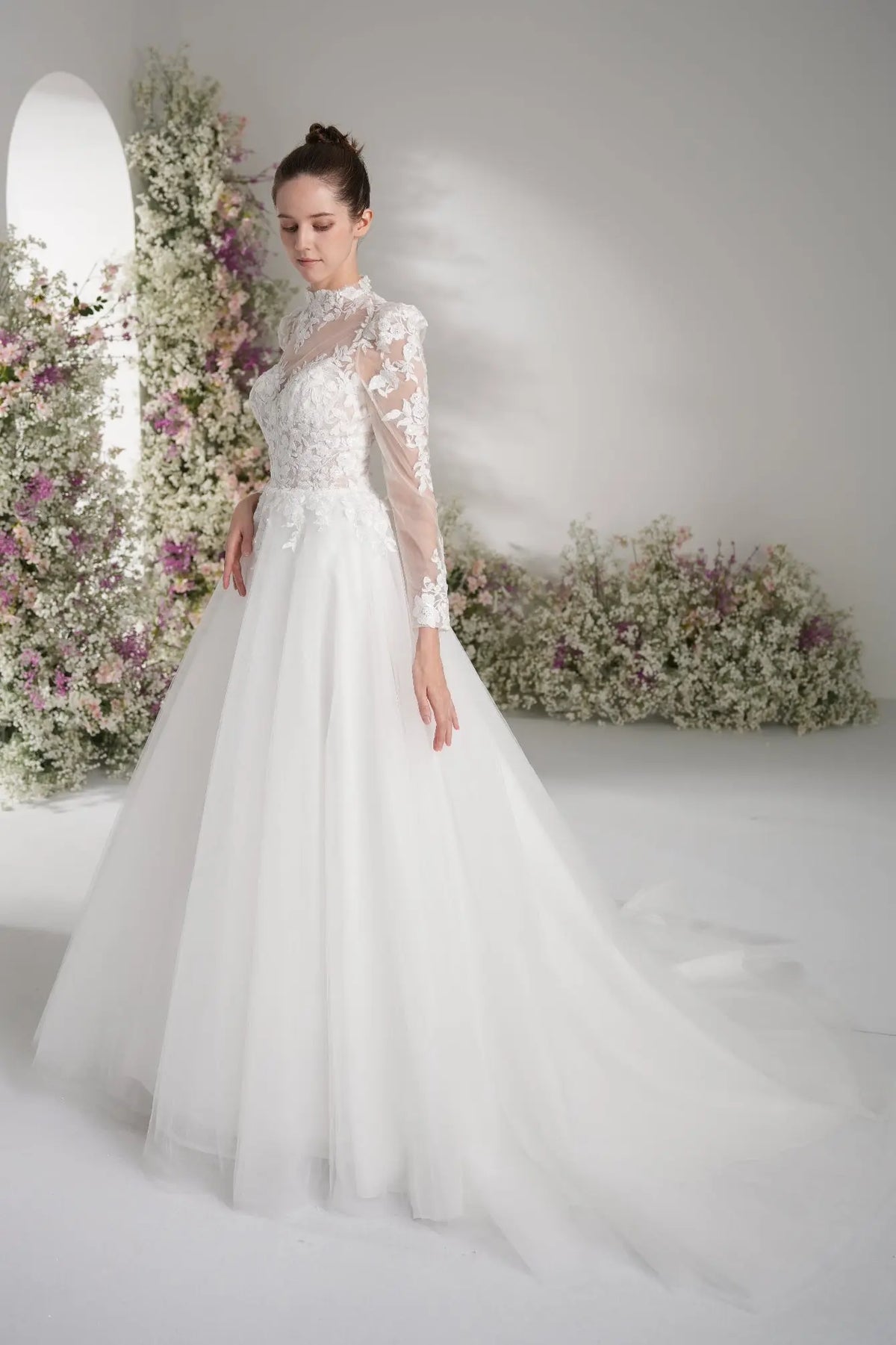 Lunelle A-Line High Neck Long Sleeve Lace Tulle with Court Train Wedding Dress in White