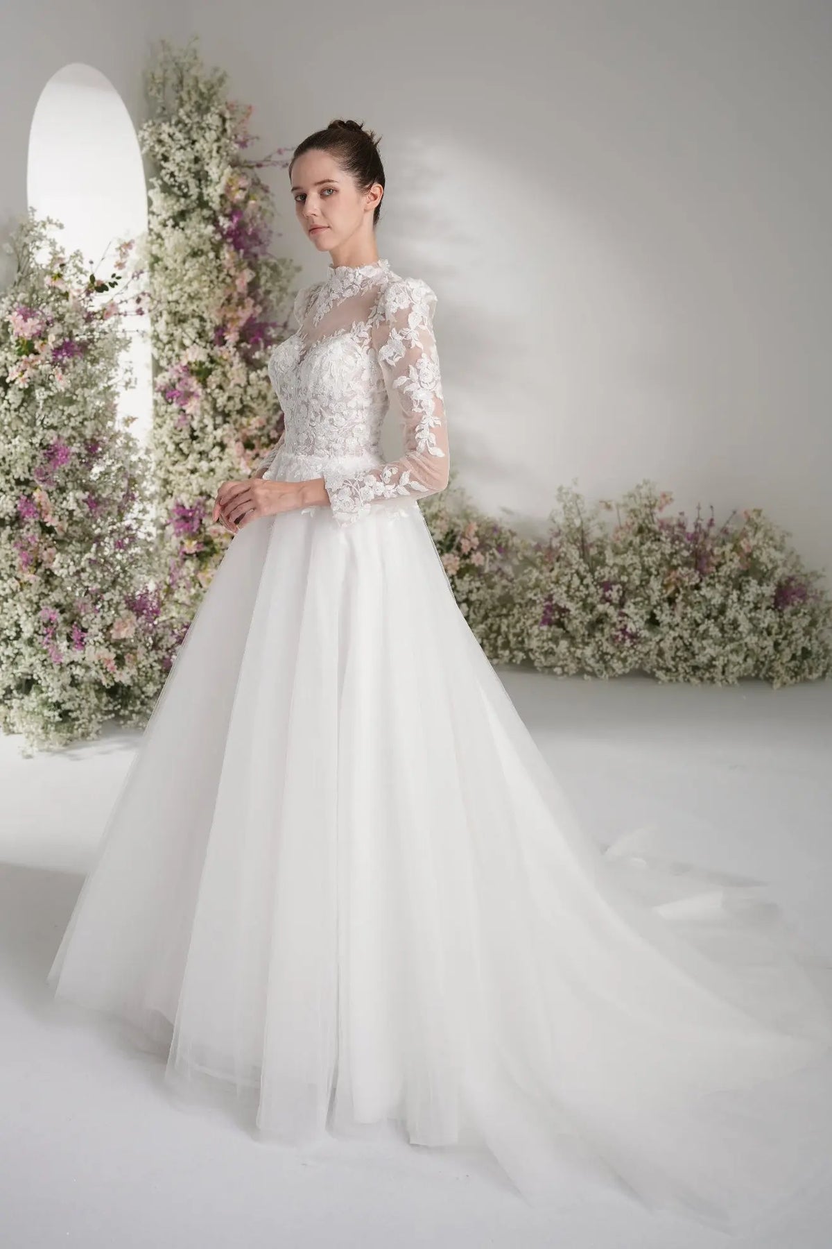 Lunelle A-Line High Neck Long Sleeve Lace Tulle with Court Train Wedding Dress in White