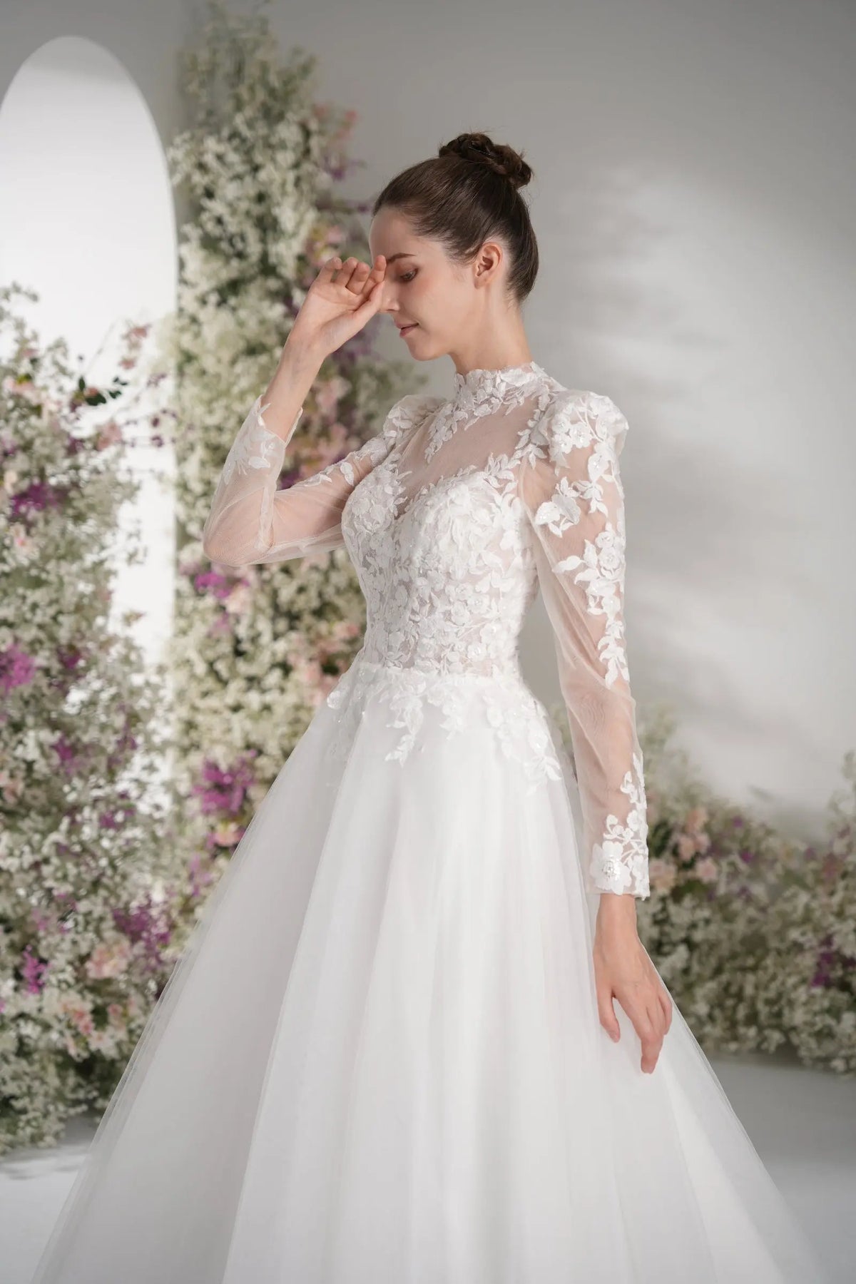 Lunelle A-Line High Neck Long Sleeve Lace Tulle with Court Train Wedding Dress in White