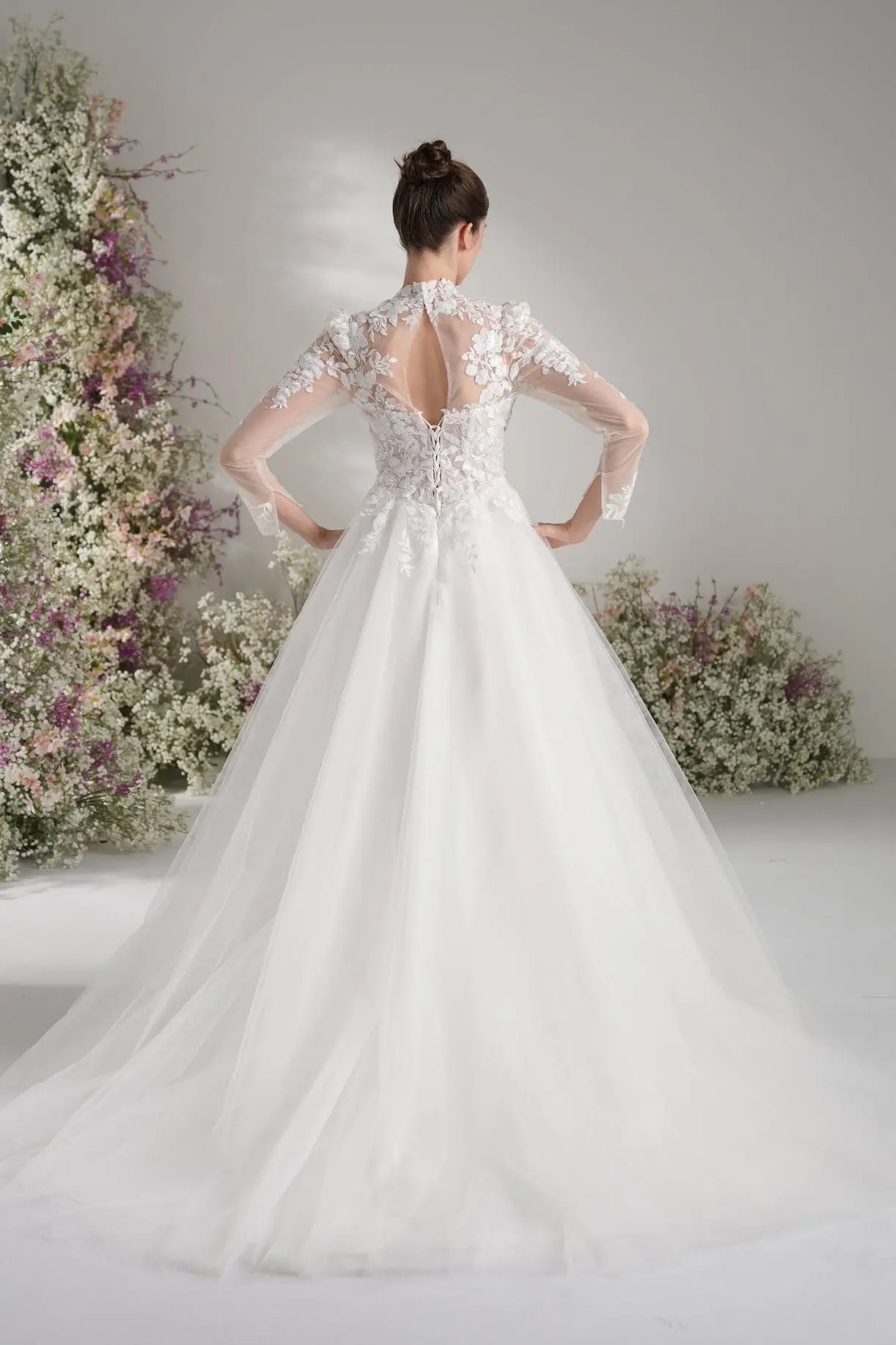 Lunelle A-Line High Neck Long Sleeve Lace Tulle with Court Train Wedding Dress in White