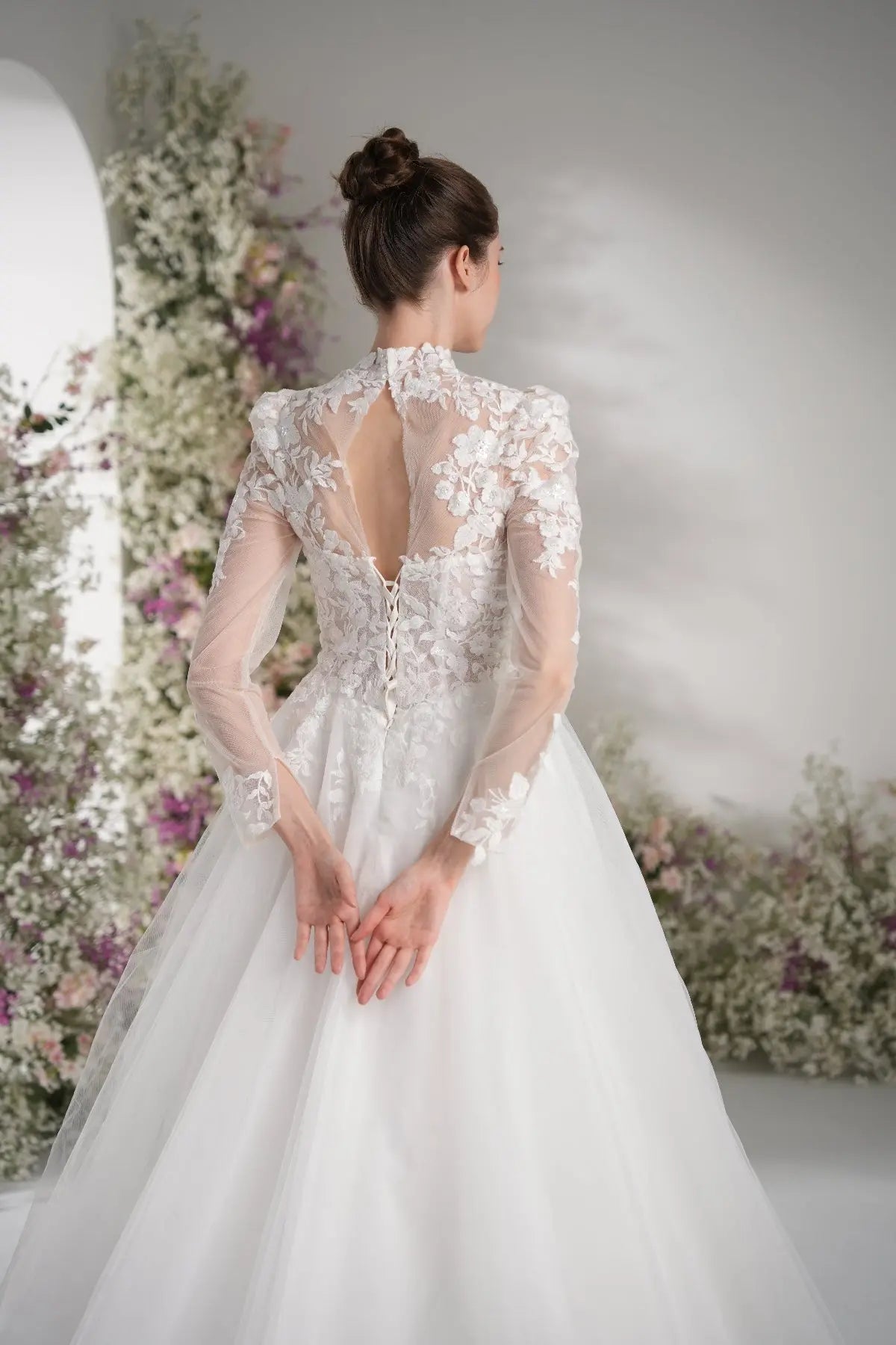 Lunelle A-Line High Neck Long Sleeve Lace Tulle with Court Train Wedding Dress in White