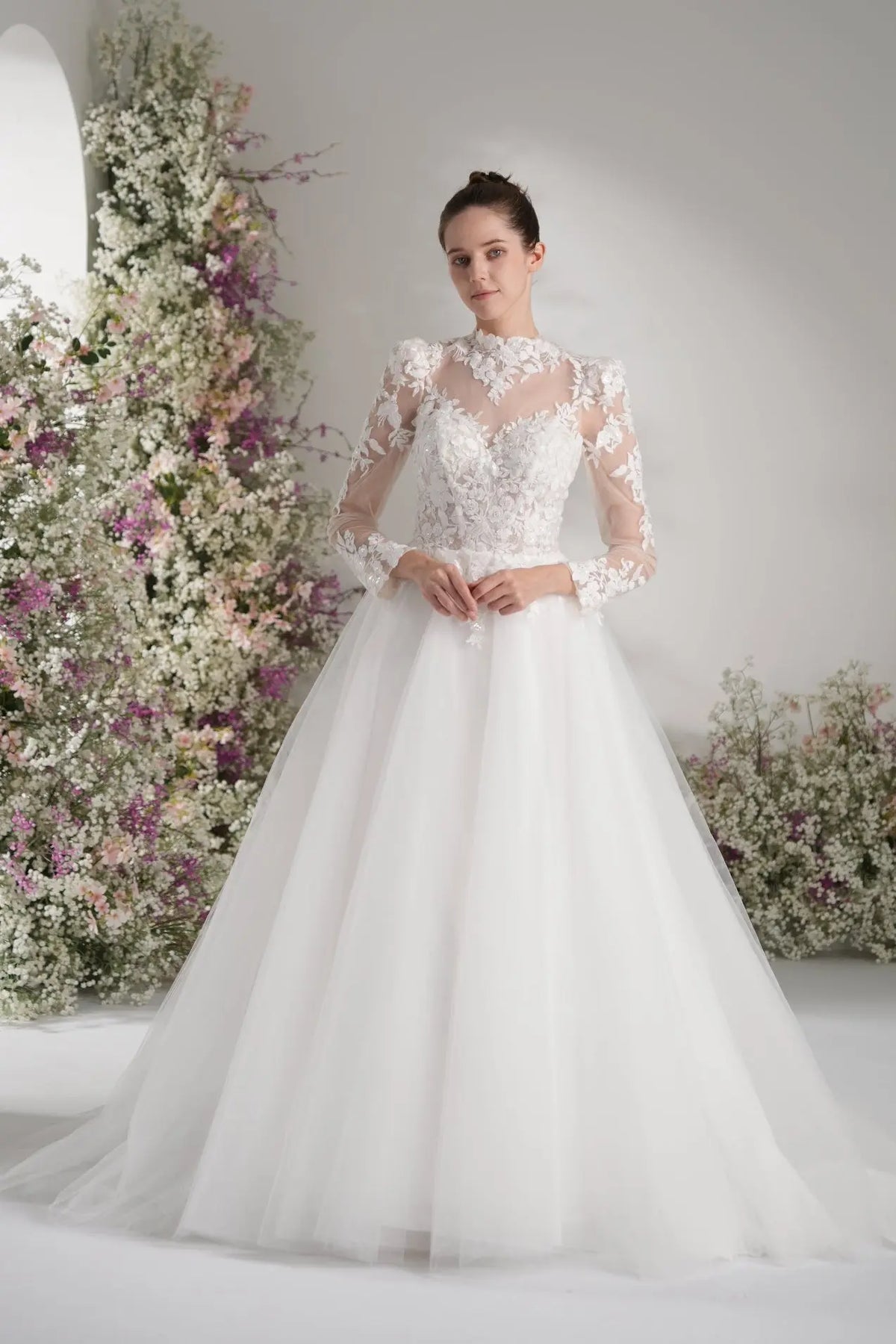 Lunelle A-Line High Neck Long Sleeve Lace Tulle with Court Train Wedding Dress in White