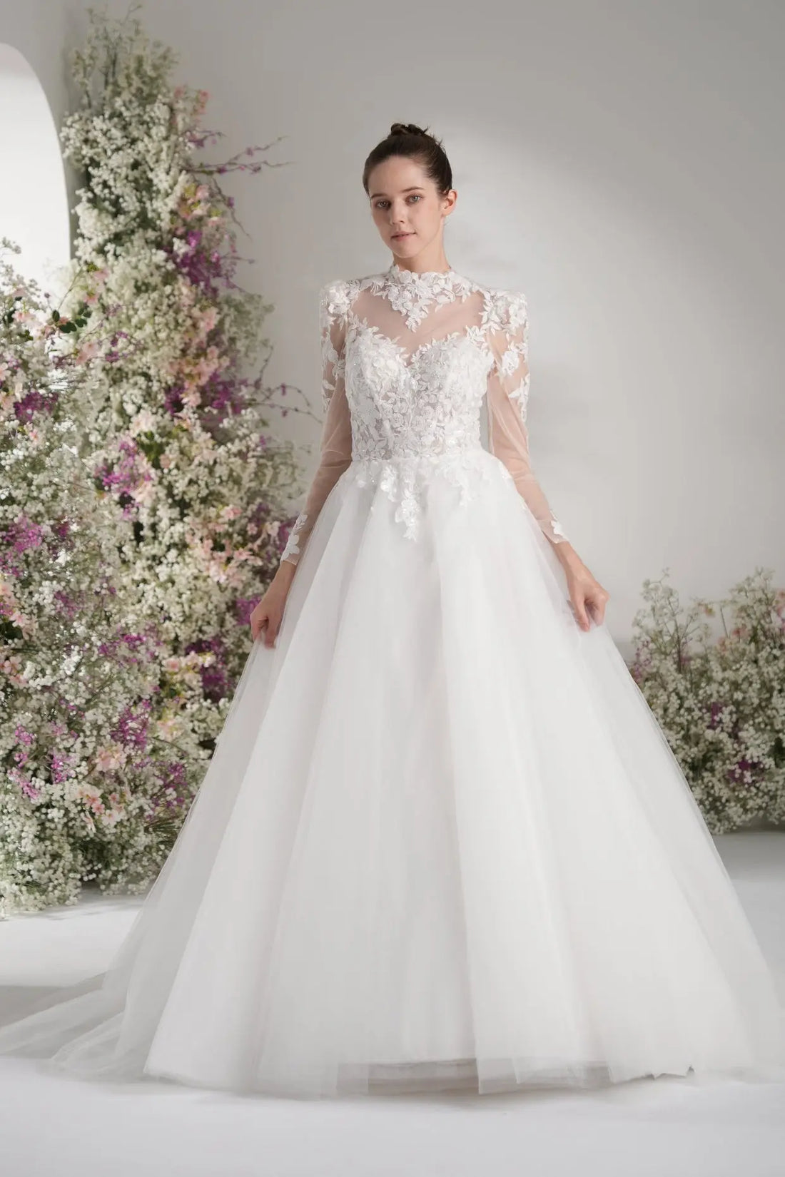 A-line High Neck Long Sleeves Mesh Full Lace Luxury Wedding Dress With Court Train zhexudai