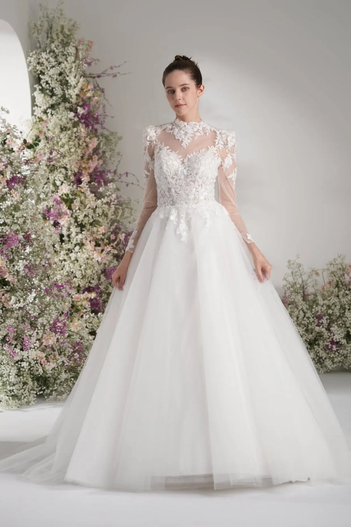 Lunelle A-Line High Neck Long Sleeve Lace Tulle with Court Train Wedding Dress in White