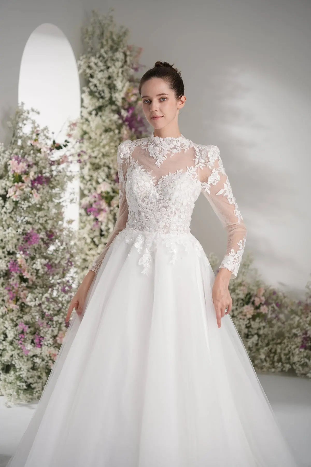 Lunelle A-Line High Neck Long Sleeve Lace Tulle with Court Train Wedding Dress in White