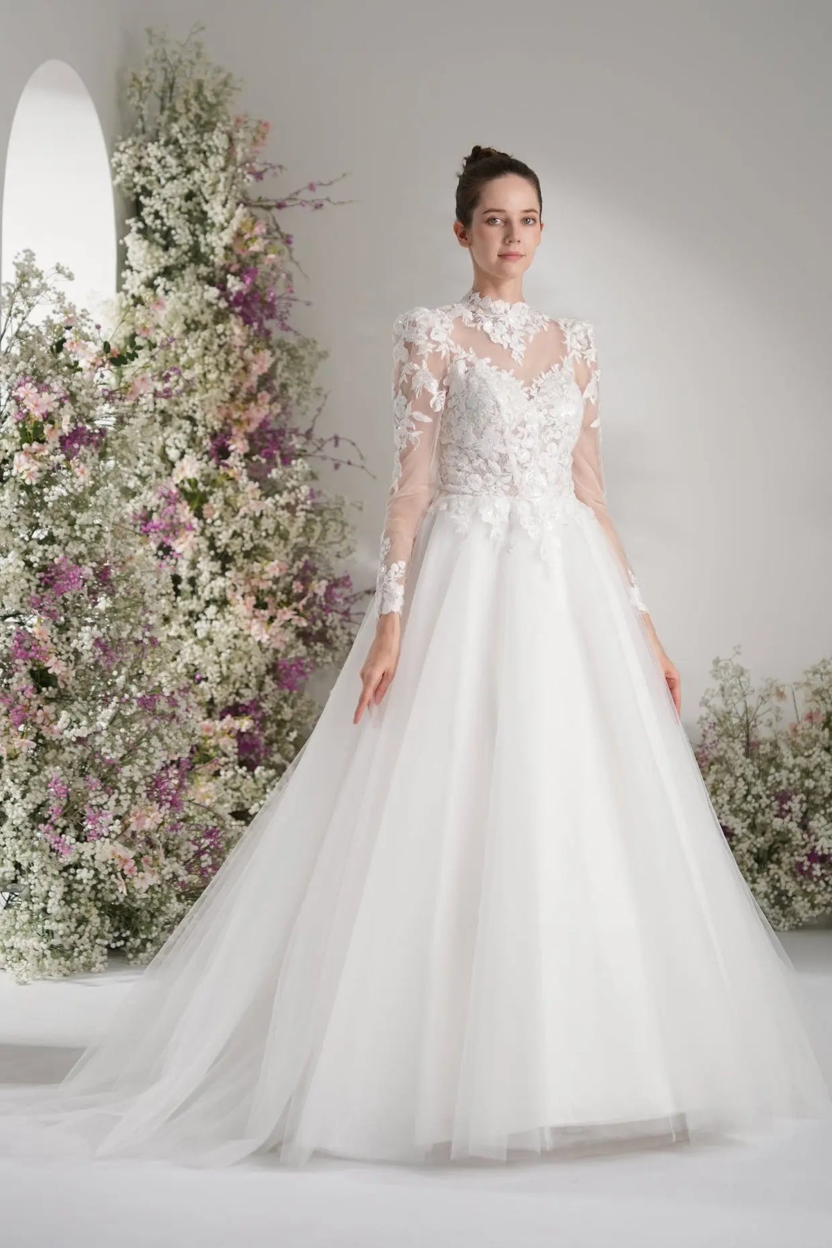Lunelle A-Line High Neck Long Sleeve Lace Tulle with Court Train Wedding Dress in White