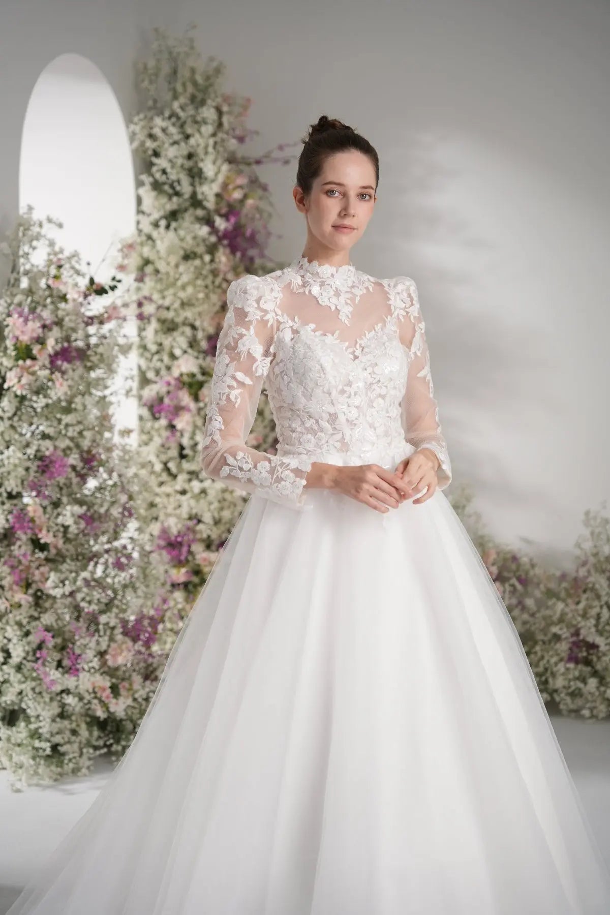 Lunelle A-Line High Neck Long Sleeve Lace Tulle with Court Train Wedding Dress in White