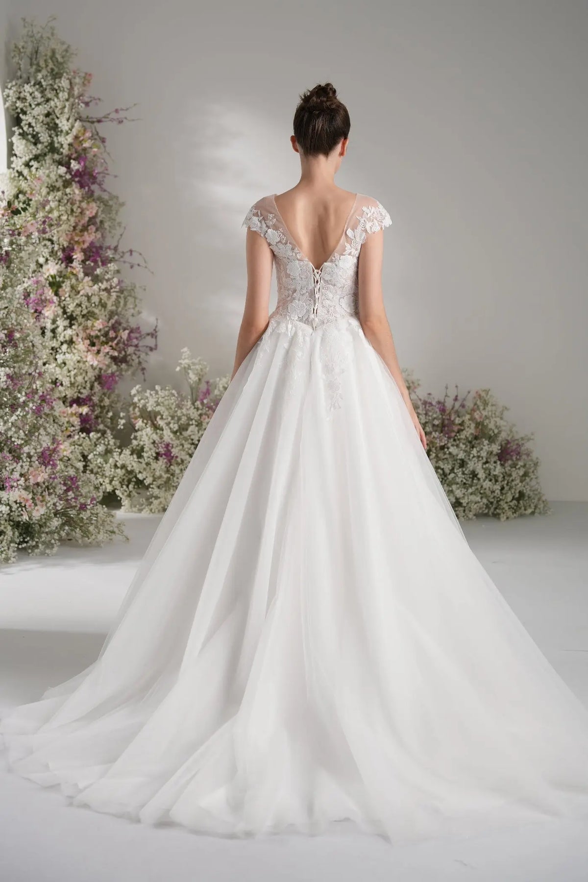 A-line Lllusion Neck Full Lace Luxury Mesh Wedding Dress With Court Train zhexudai