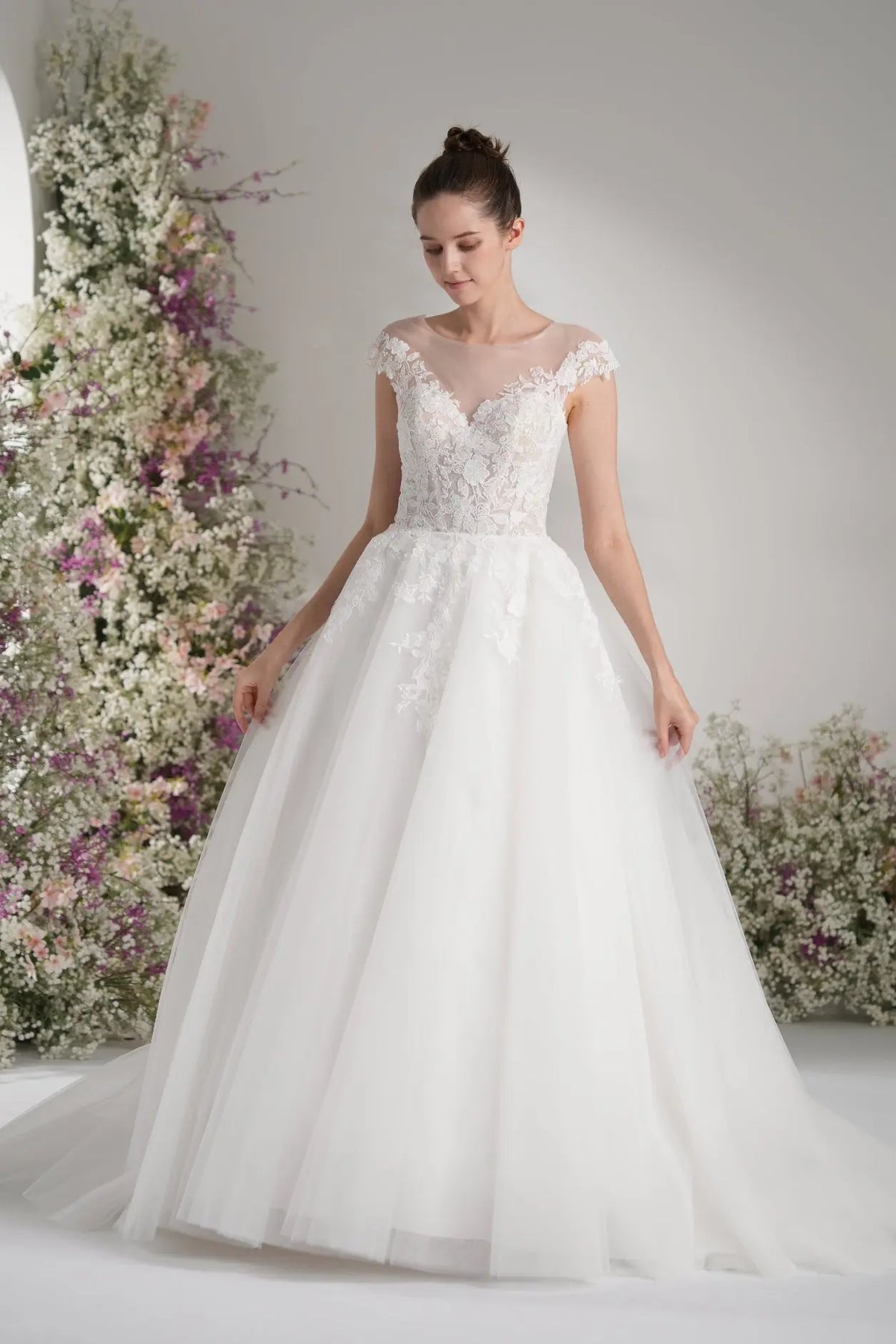 A-line Lllusion Neck Full Lace Luxury Mesh Wedding Dress With Court Train zhexudai