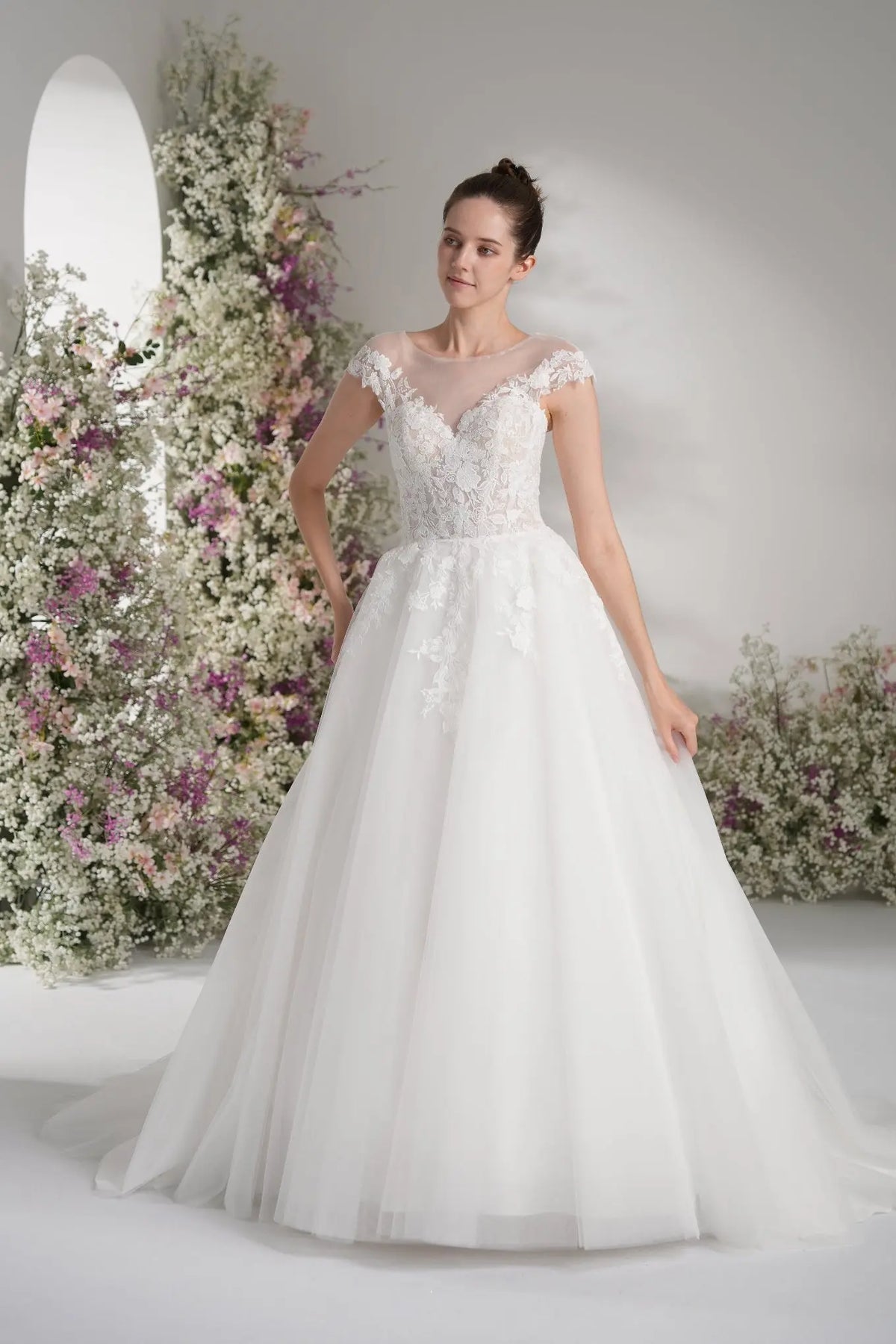 A-line Lllusion Neck Full Lace Luxury Mesh Wedding Dress With Court Train zhexudai
