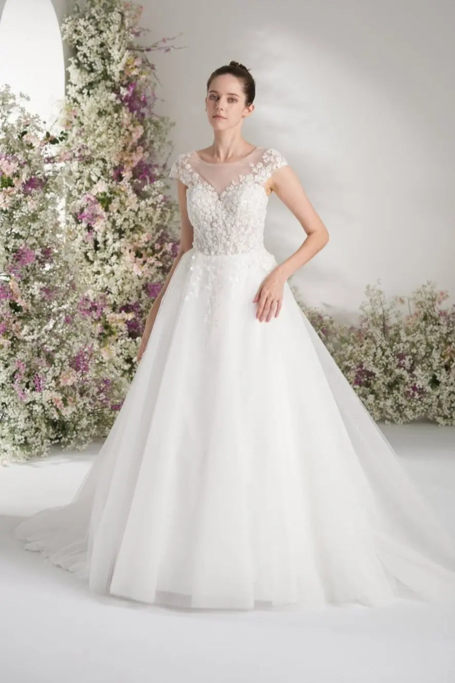 A-line Lllusion Neck Heavy Beading And Full Lace Mesh Elegant Wedding Dress With Court Train zhexudai