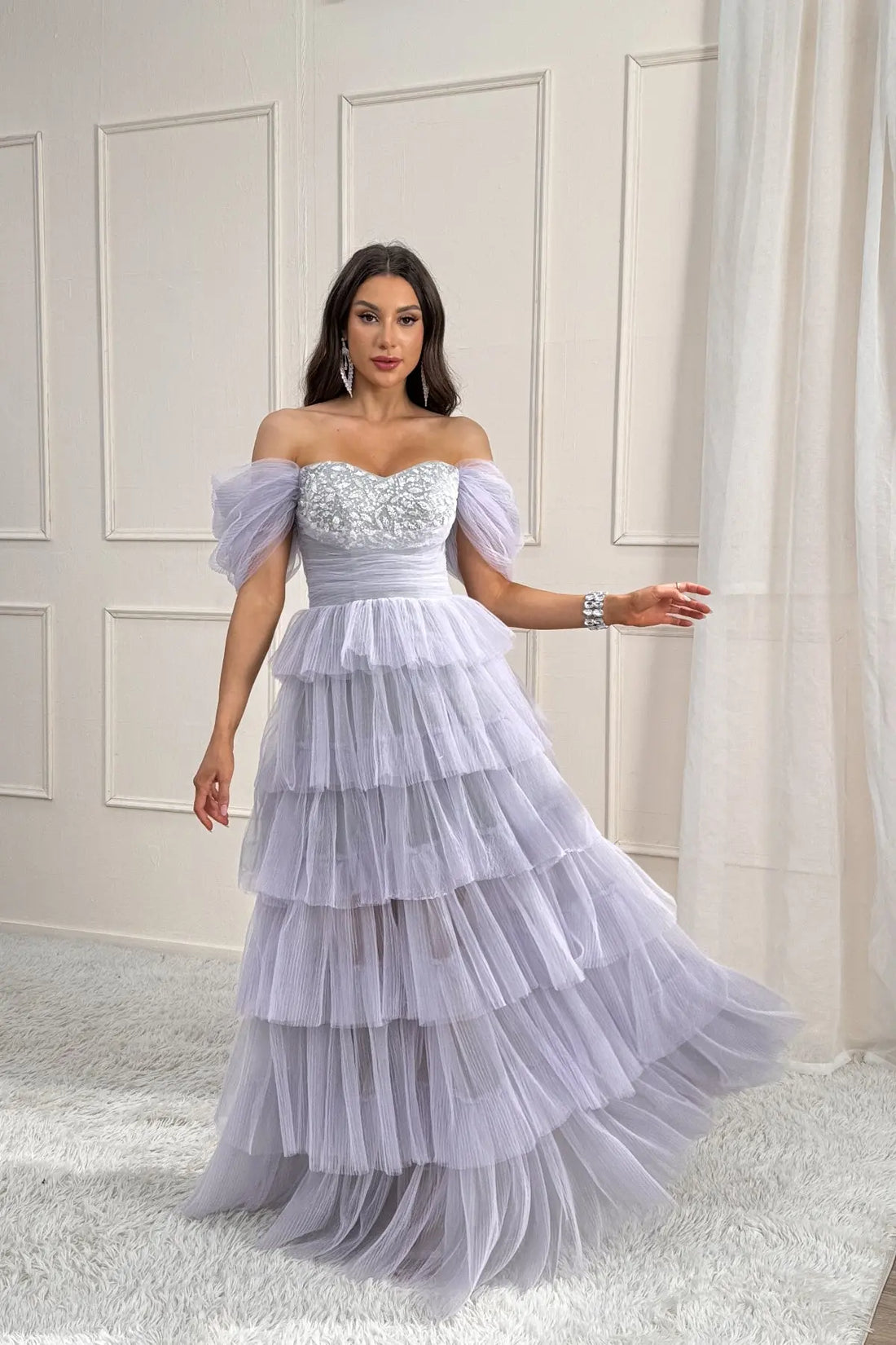 Avelisse A-Line Off-the-Shoulder Tulle Prom Dress in Silver