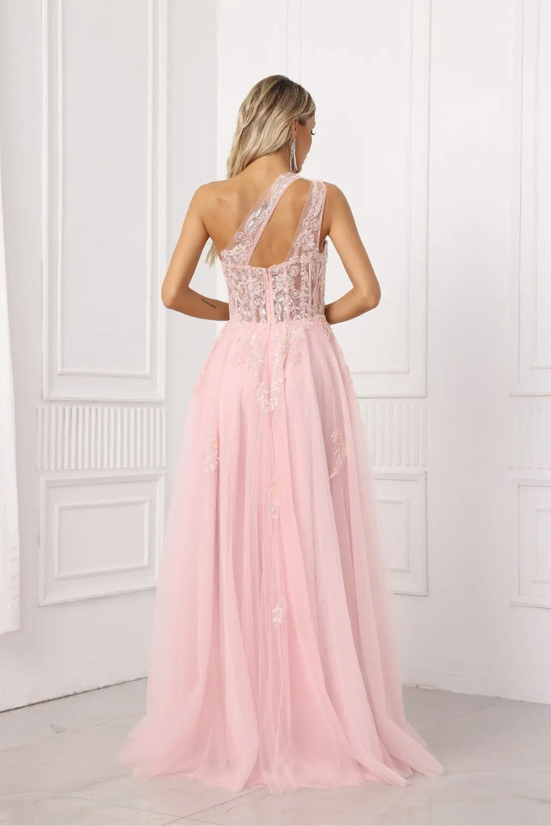 Virelia A-Line One-Shoulder Tulle Prom Dress in Pale Pink