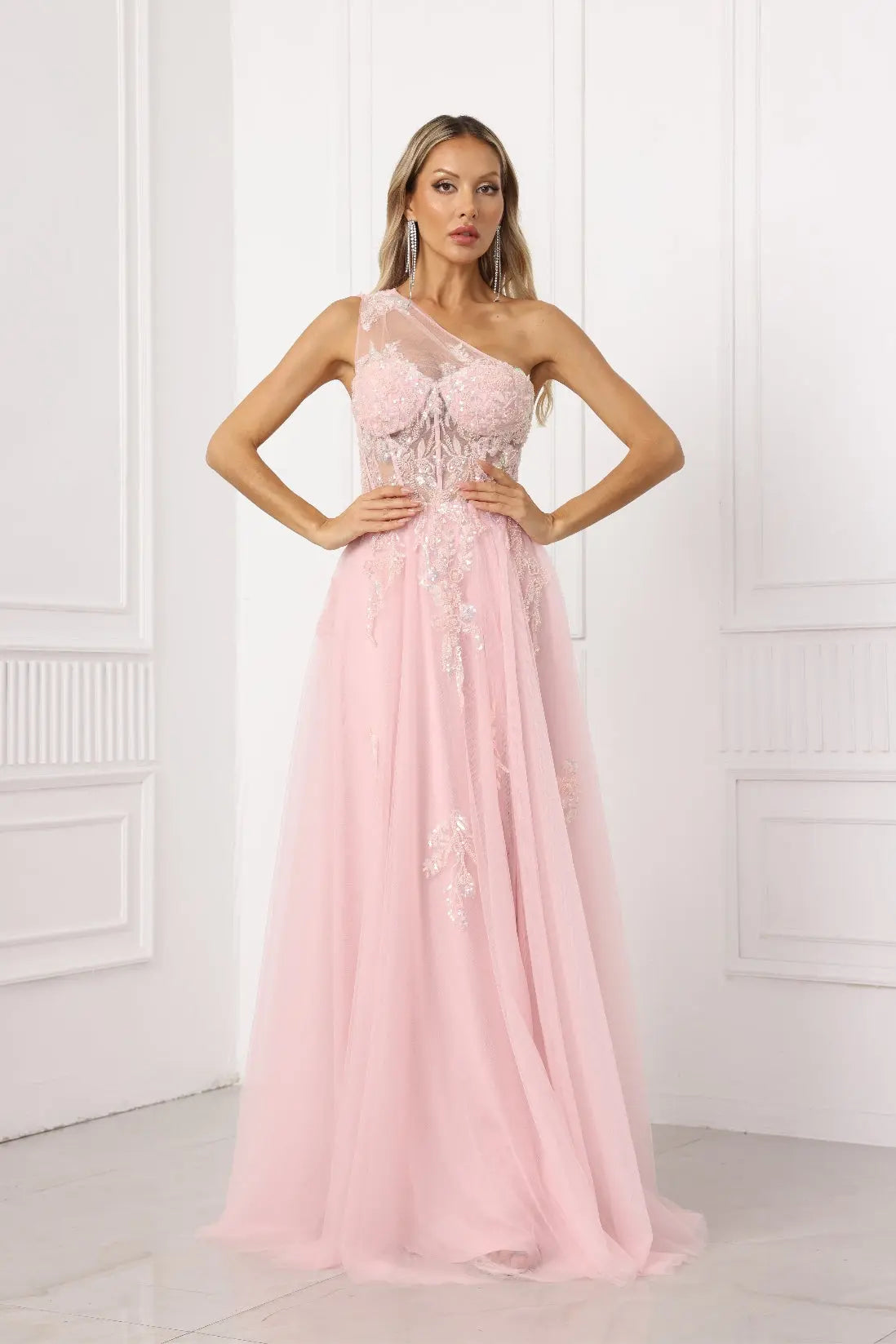 Virelia A-Line One-Shoulder Tulle Prom Dress in Pale Pink