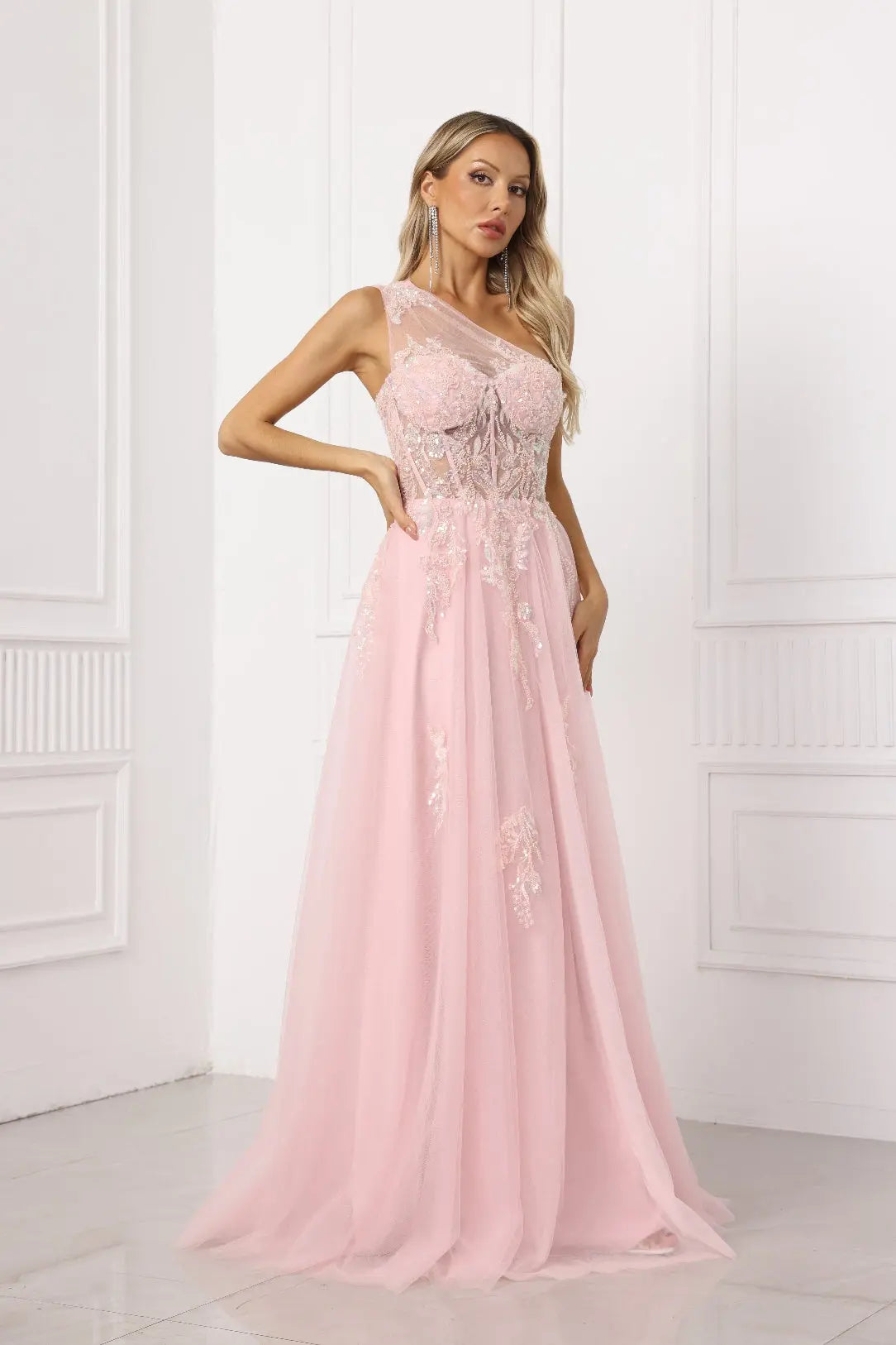 Virelia A-Line One-Shoulder Tulle Prom Dress in Pale Pink