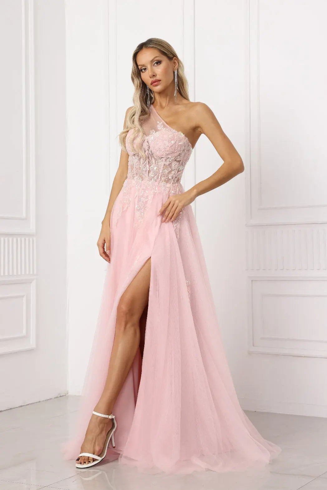 Virelia A-Line One-Shoulder Tulle Prom Dress in Pale Pink