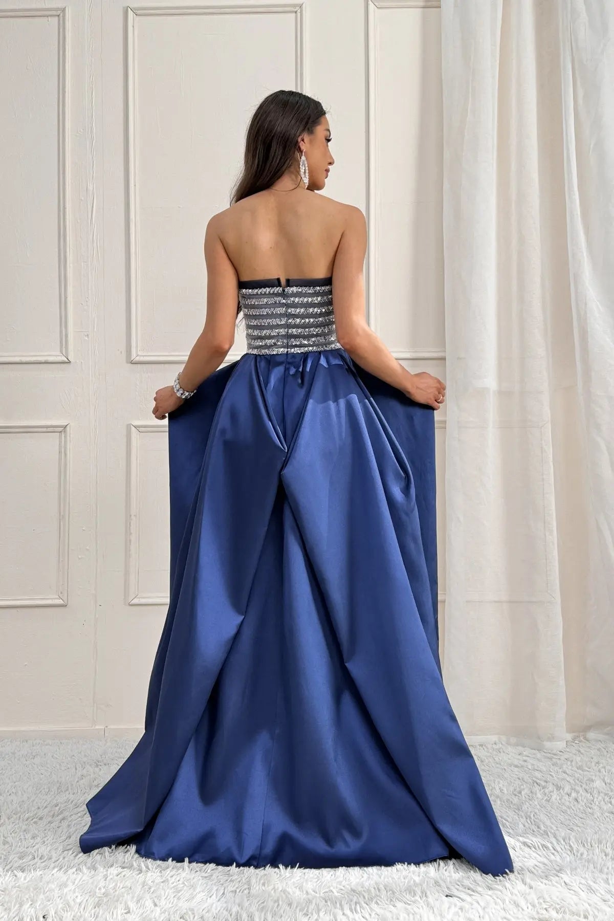 Elsinor A-Line Strapless Satin Prom Dress in Dark Blue
