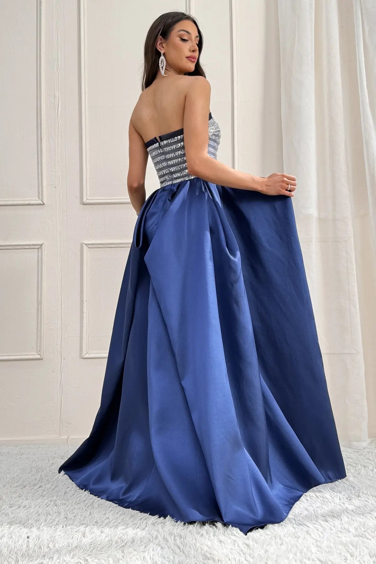 Elsinor A-Line Strapless Satin Prom Dress in Dark Blue